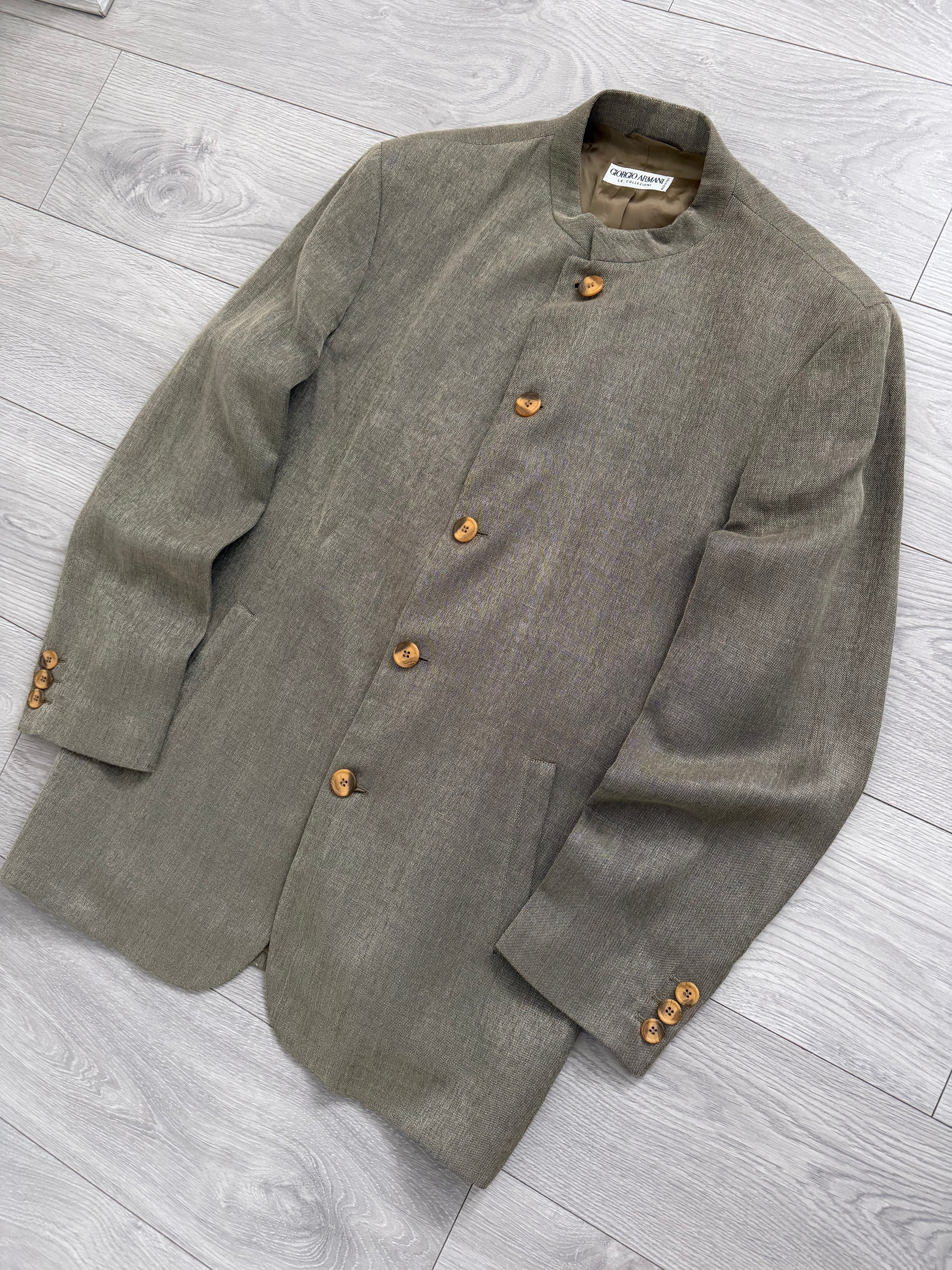 Giorgio Armani 1980s Nehru Collar Jacket Taupe Olive Brown - Size L