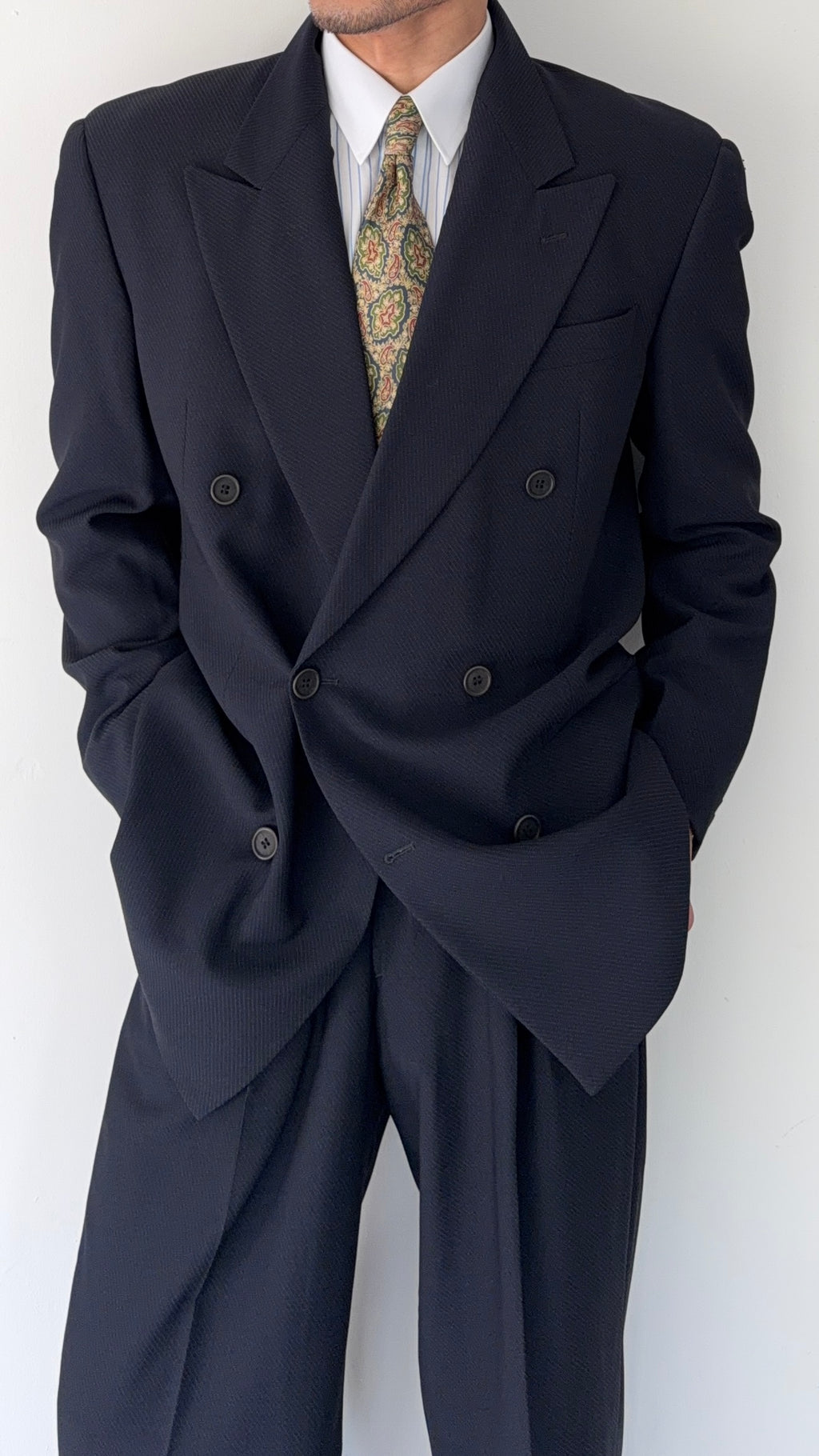 Giorgio Armani 1980s Peaked Lapel Double Breasted Double-Pleated Wool Blend Suit Navy - Size M Jacket / 31" Waist