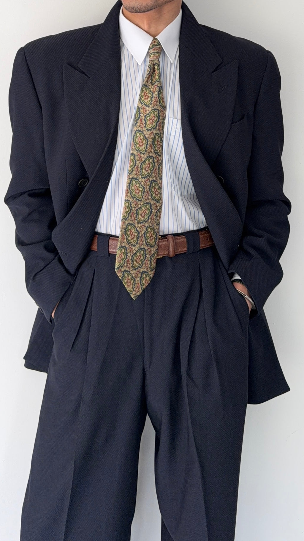 Giorgio Armani 1980s Peaked Lapel Double Breasted Double-Pleated Wool Blend Suit Navy - Size M Jacket / 31" Waist