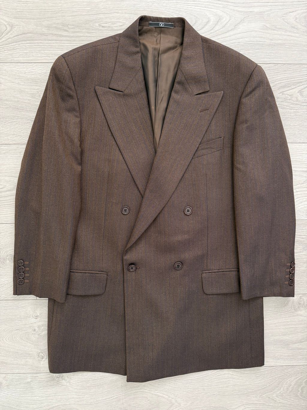 Valentino 1980s Peaked Lapel Double Breasted Pleated Brown Wool Suit - Size L Jacket / 34" Waist