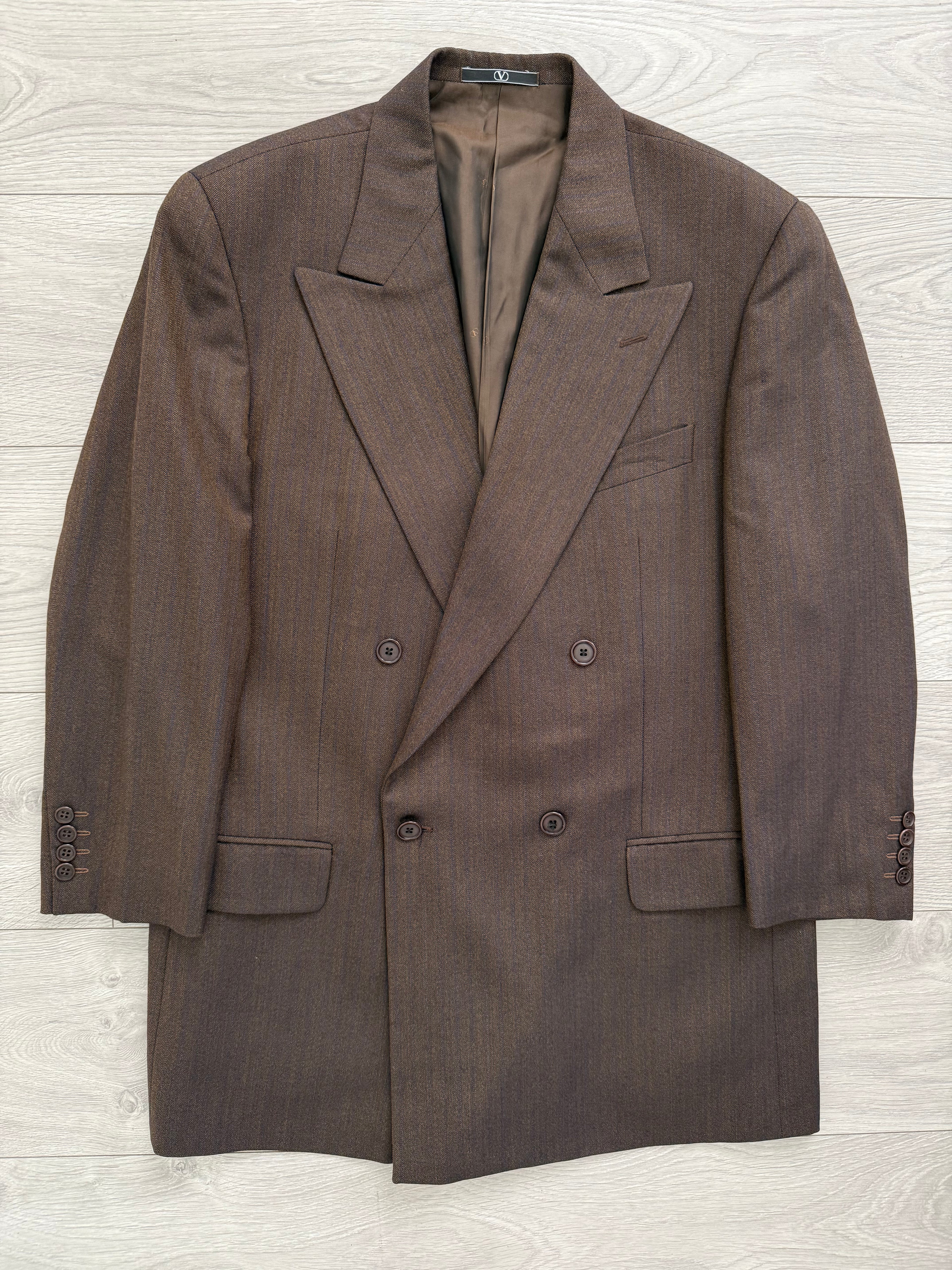 Valentino 1980s Peaked Lapel Double Breasted Pleated Brown Wool Suit - Size L Jacket / 34" Waist