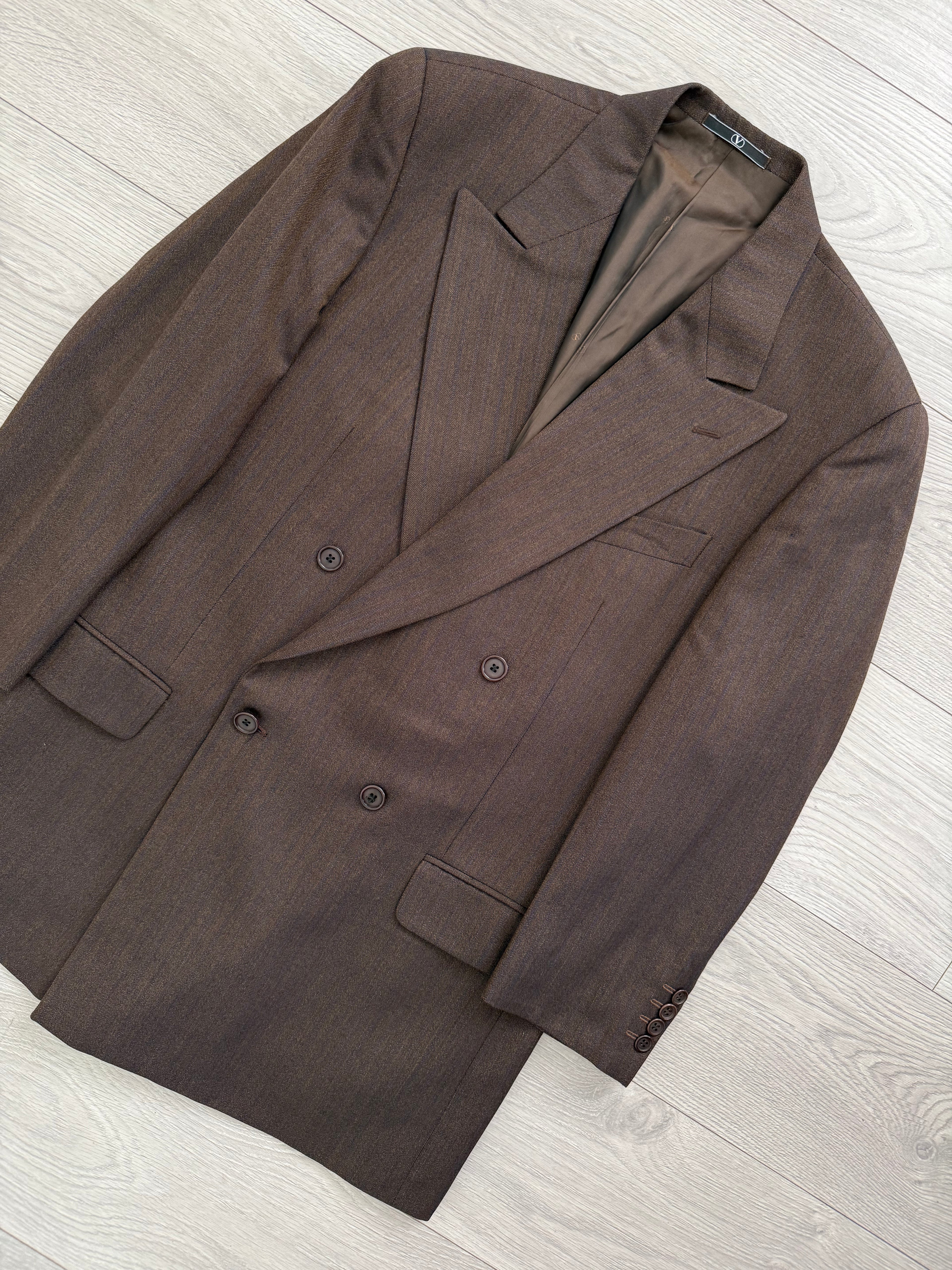 Valentino 1980s Peaked Lapel Double Breasted Pleated Brown Wool Suit - Size L Jacket / 34" Waist