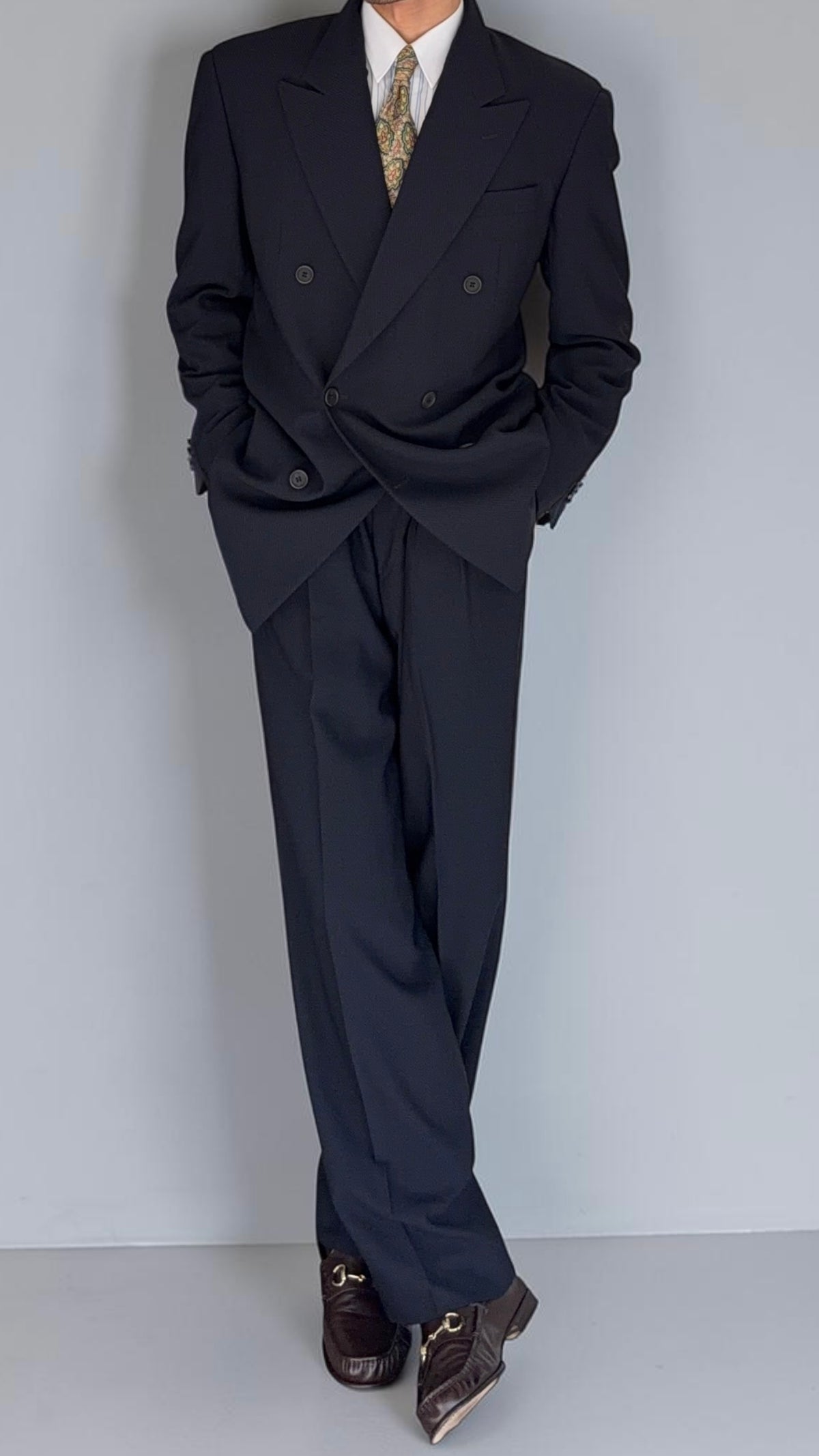 Giorgio Armani 1980s Peaked Lapel Double Breasted Double-Pleated Wool Blend Suit Navy - Size M Jacket / 31" Waist