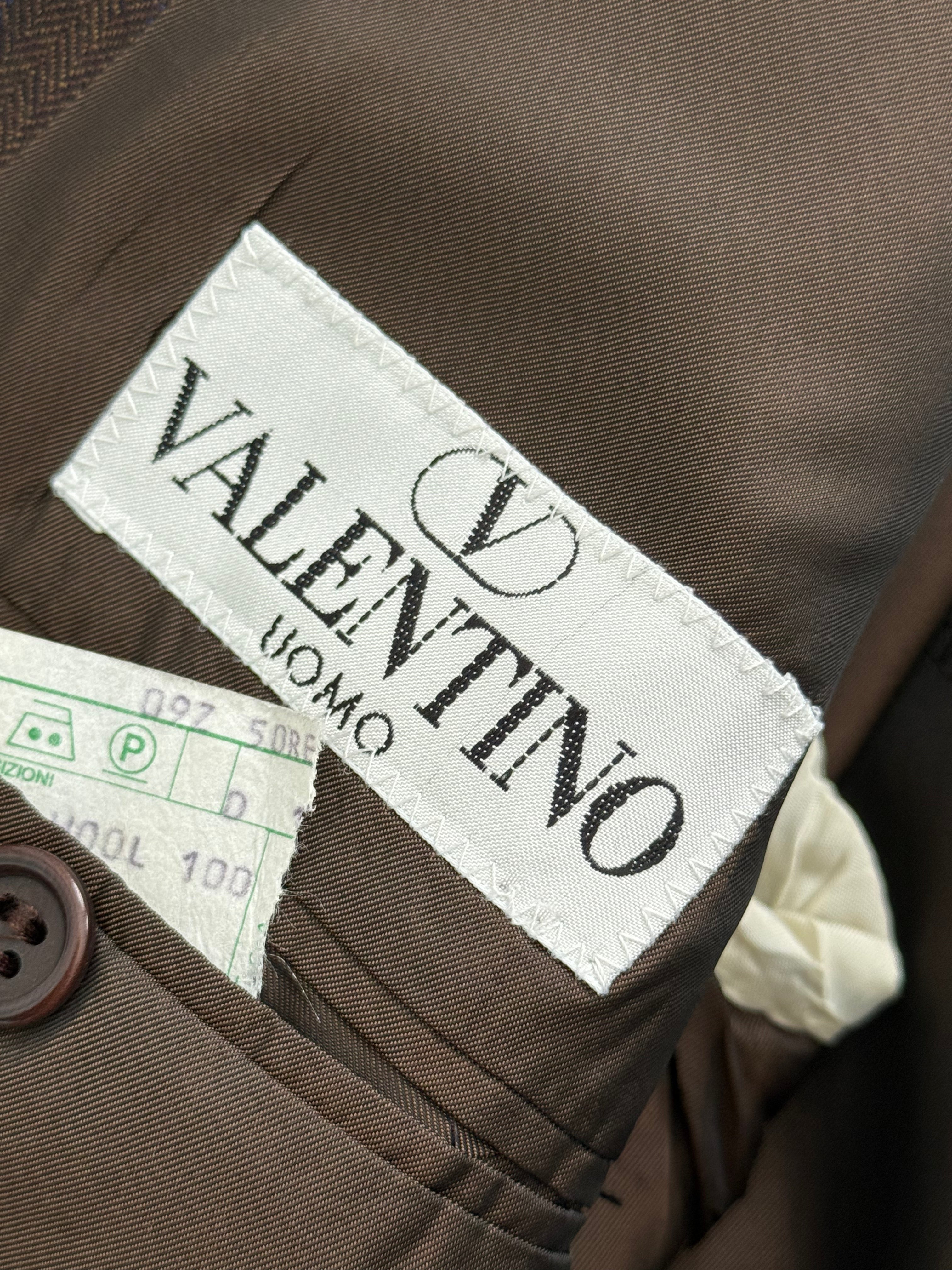 Valentino 1980s Peaked Lapel Double Breasted Pleated Brown Wool Suit - Size L Jacket / 34" Waist