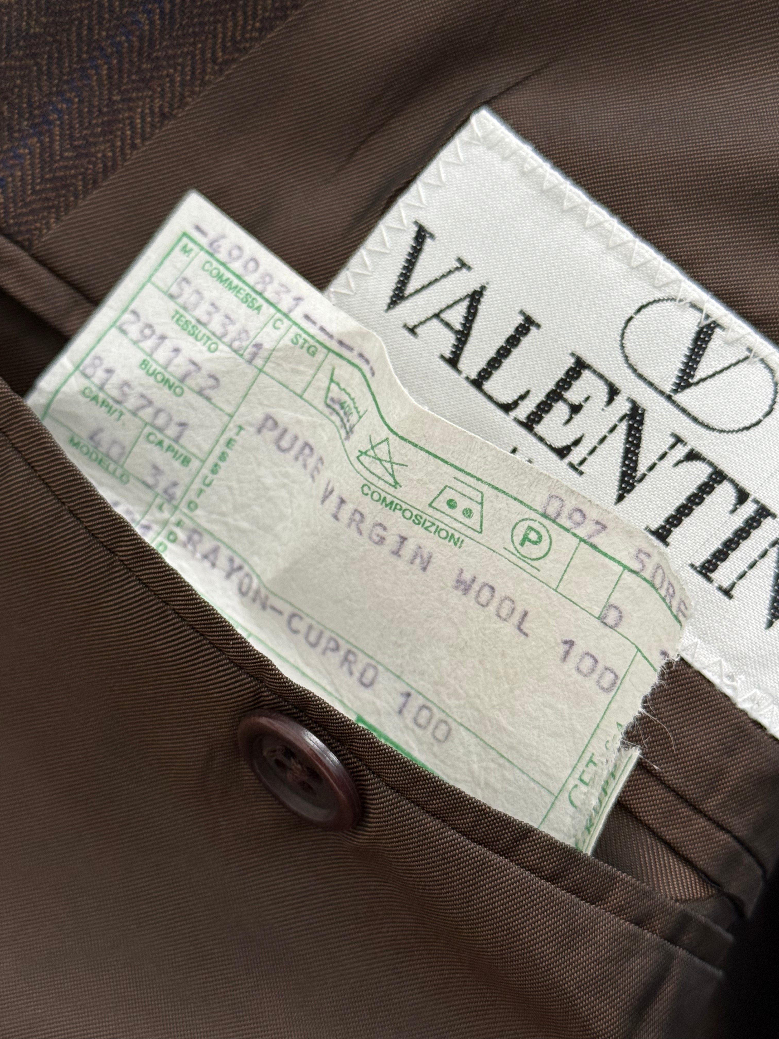 Valentino 1980s Peaked Lapel Double Breasted Pleated Brown Wool Suit - Size L Jacket / 34" Waist
