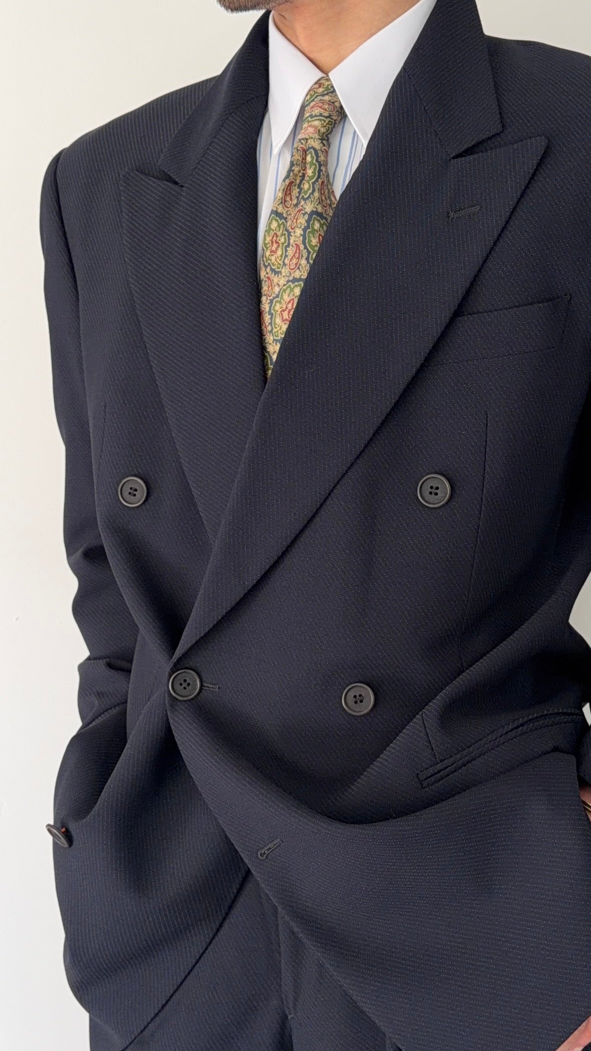 Giorgio Armani 1980s Peaked Lapel Double Breasted Double-Pleated Wool Blend Suit Navy - Size M Jacket / 31" Waist