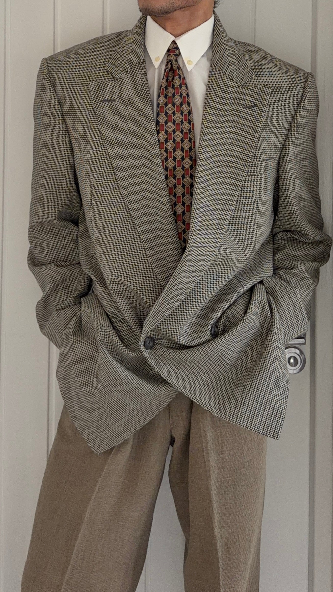 Versace 1990s Peaked Lapel Double Breasted Textured Wool Sport Jacket Blazer Grey - Size XL