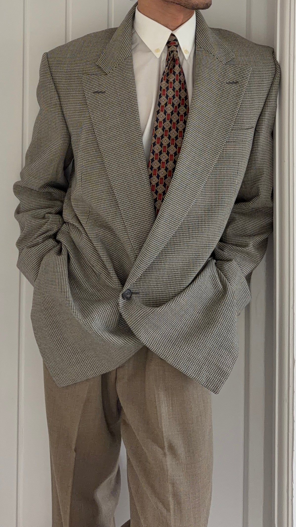 Versace 1990s Peaked Lapel Double Breasted Textured Wool Sport Jacket Blazer Grey - Size XL