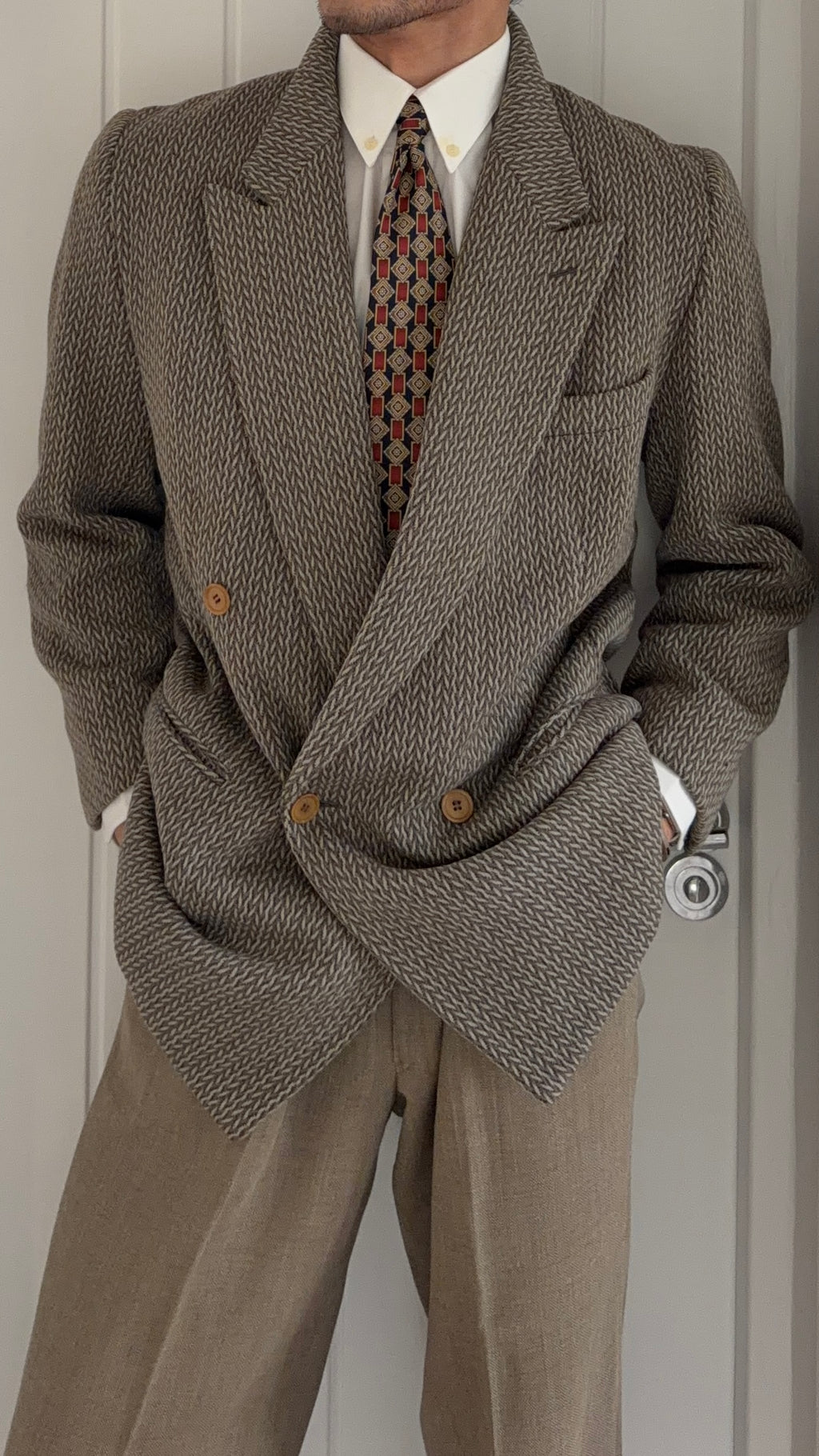 Giorgio Armani Black Label 1990s Peaked Lapel Double Breasted Textured Wool Sport Jacket Blazer - Size M