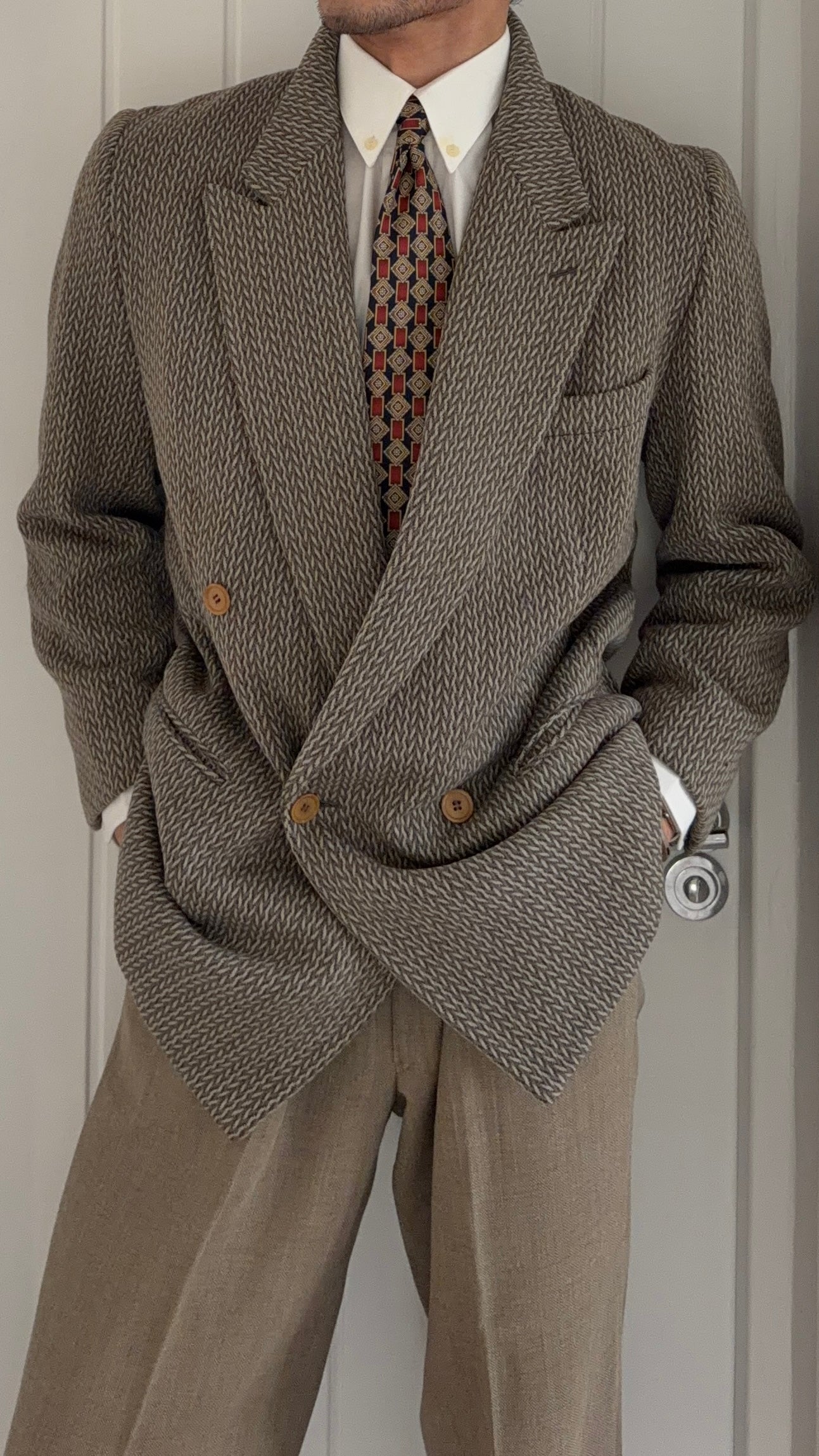 Giorgio Armani Black Label 1990s Peaked Lapel Double Breasted Textured Wool Sport Jacket Blazer - Size M