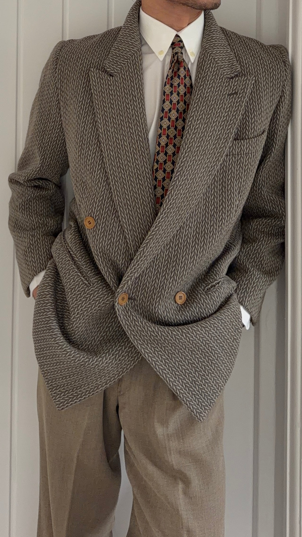 Giorgio Armani Black Label 1990s Peaked Lapel Double Breasted Textured Wool Sport Jacket Blazer - Size M