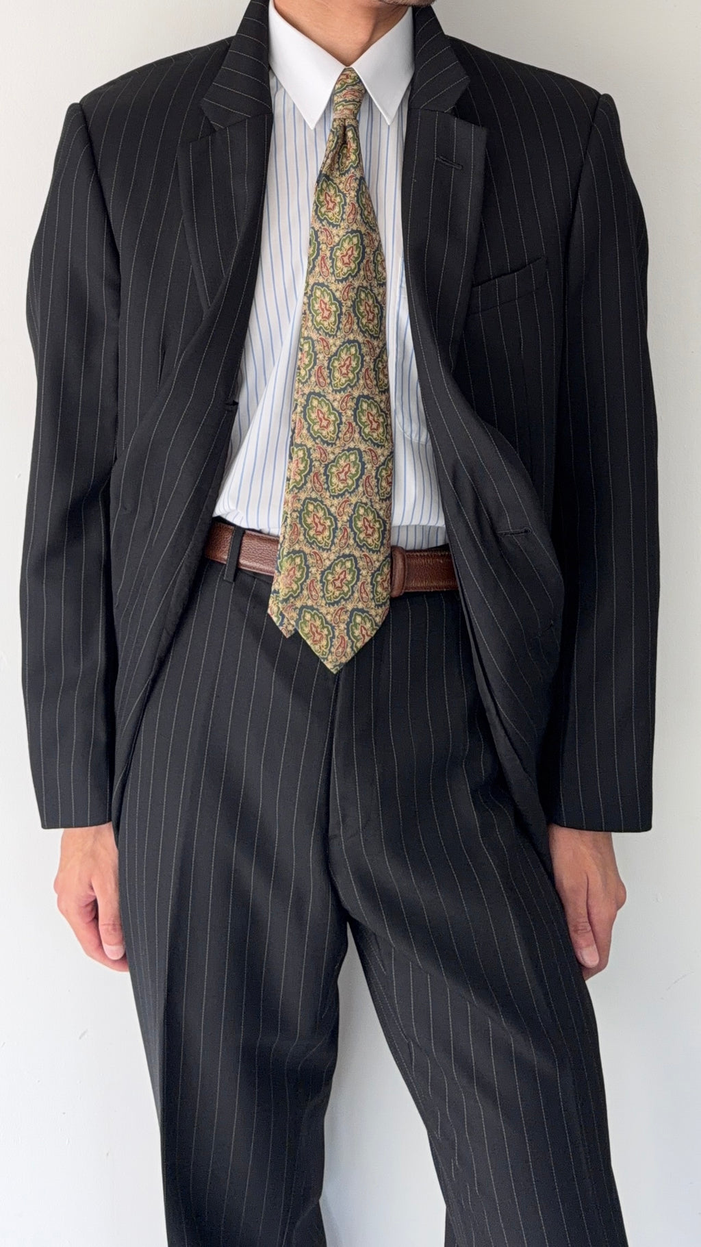 Armani 1990s Wool 2B Black Pinstripe Suit - Size XL Jacket / 36" Waist