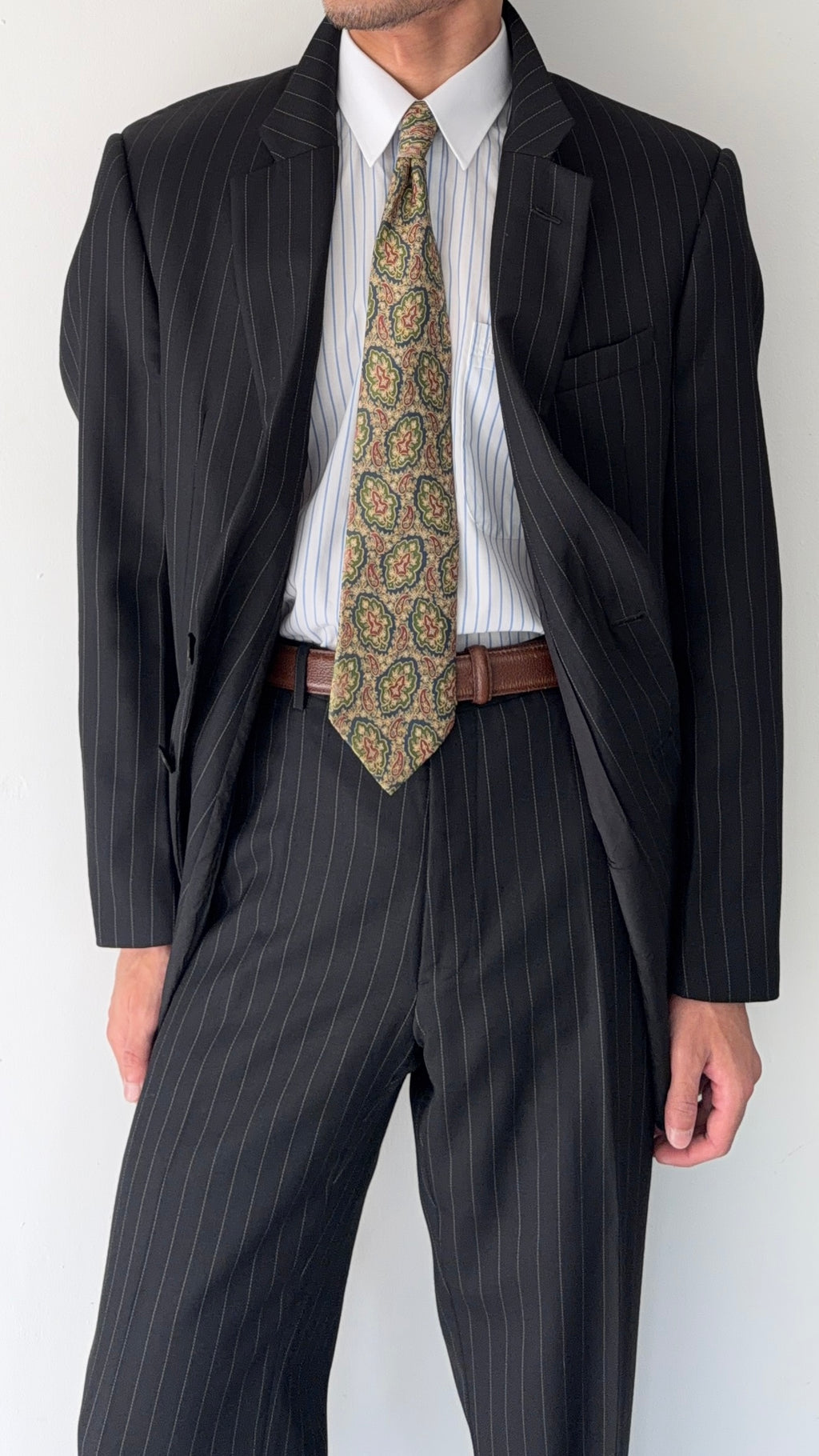 Armani 1990s Wool 2B Black Pinstripe Suit - Size XL Jacket / 36" Waist