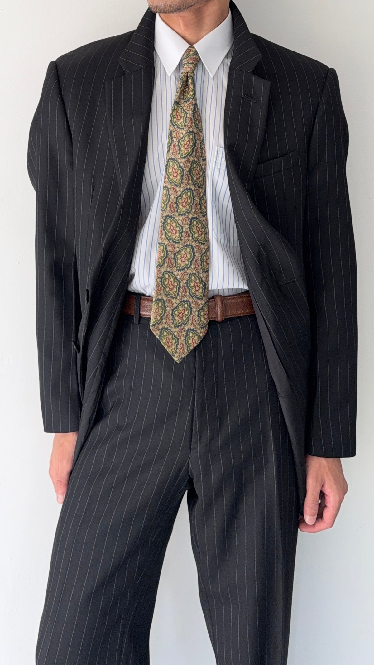 Armani 1990s Wool 2B Black Pinstripe Suit - Size XL Jacket / 36" Waist