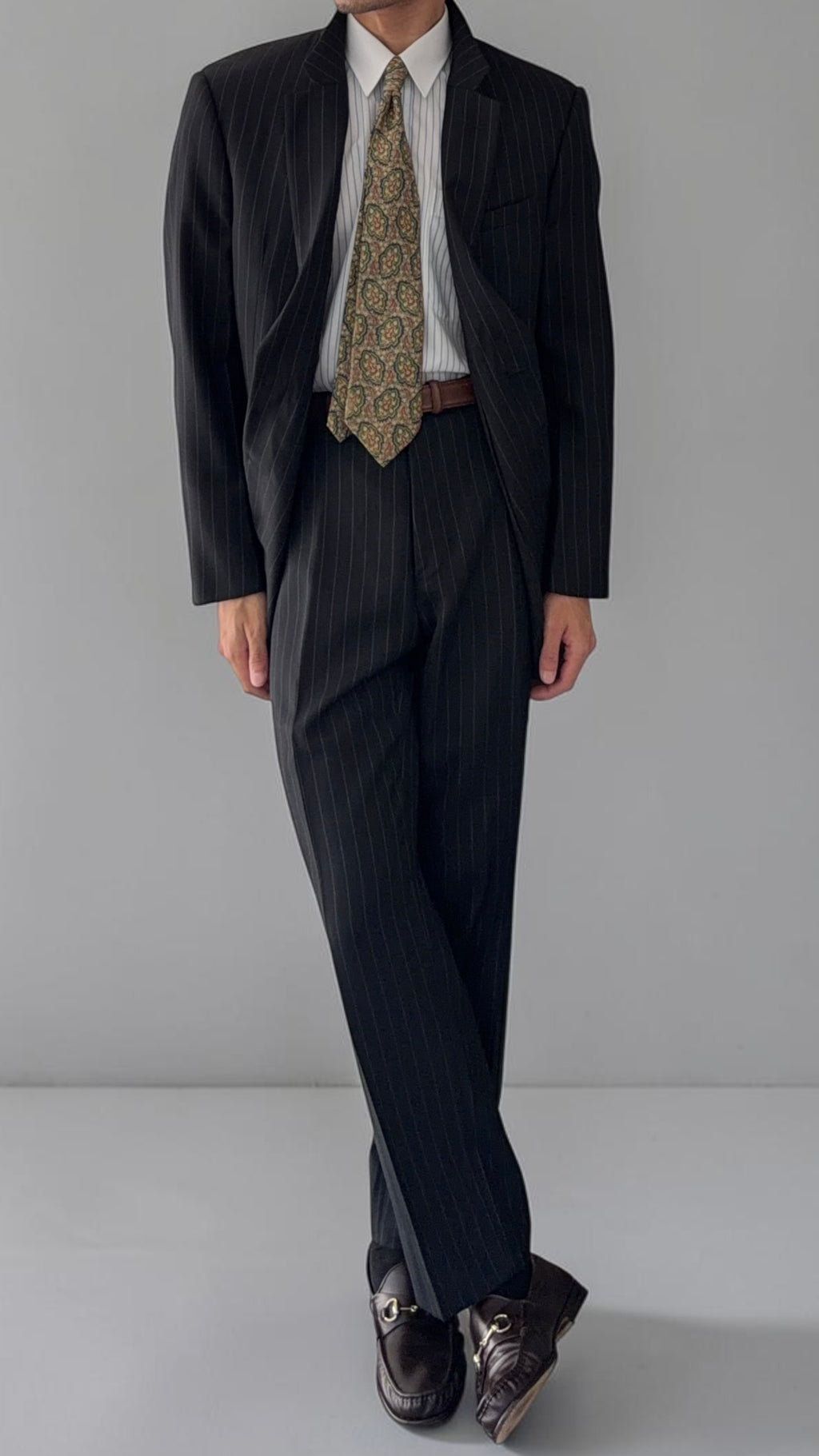 Armani 1990s Wool 2B Black Pinstripe Suit - Size XL Jacket / 36" Waist