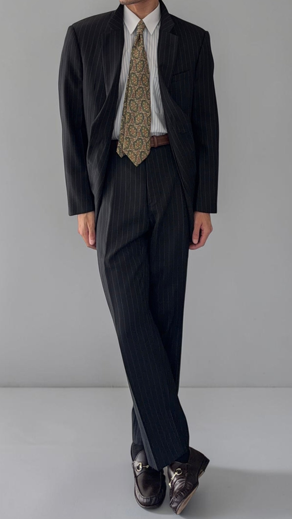 Armani 1990s Wool 2B Black Pinstripe Suit - Size XL Jacket / 36" Waist