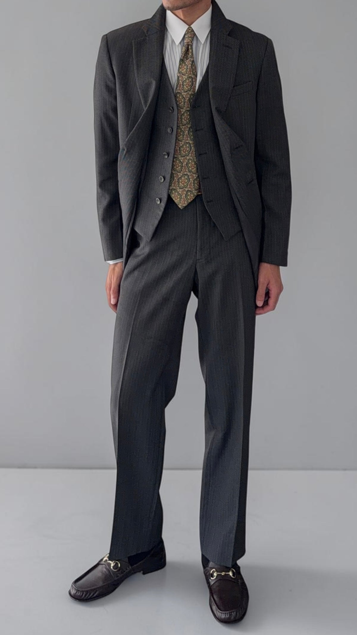 Armani 1990s Wool Silk 2B Grey Herringbone 3 Piece Suit - Size M Jacket / 32" Waist
