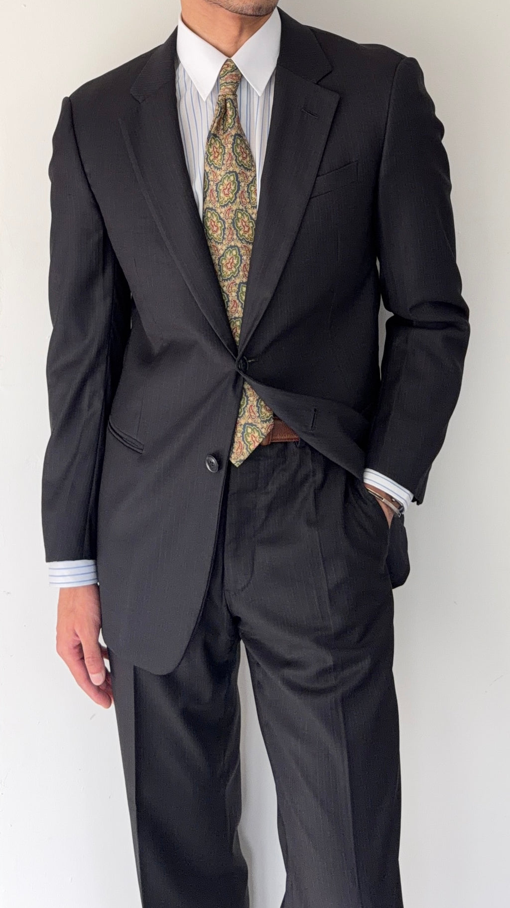 Armani 1990s Wool 2B Black Woven Suit - Size M Jacket / 32" Waist