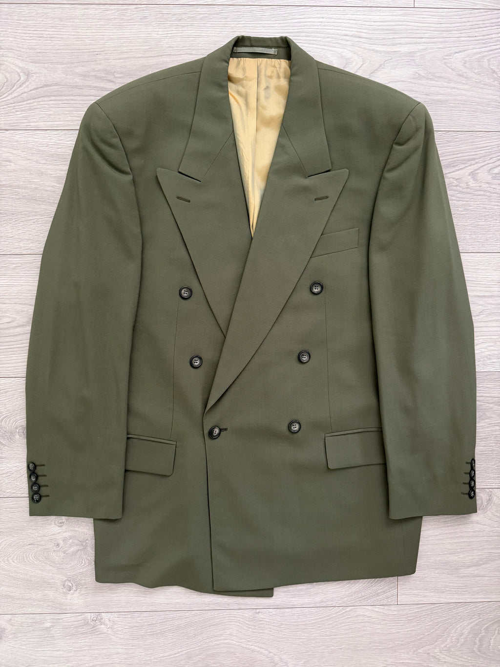 Vintage 1980s Double Breasted Peaked Lapel Pleated Green Suit & Tie - Size XL Jacket / 34" Waist