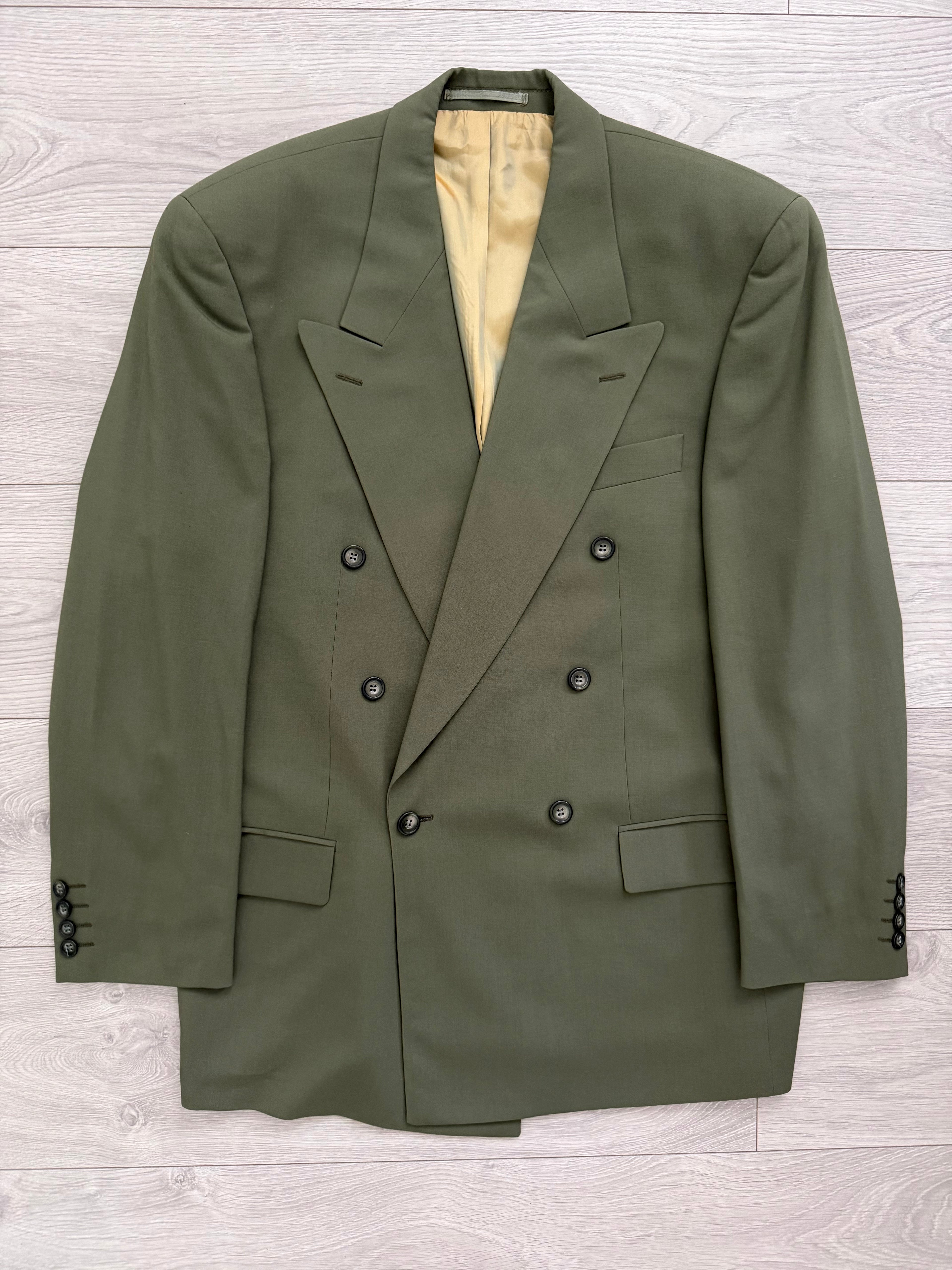 Vintage 1980s Double Breasted Peaked Lapel Pleated Green Suit & Tie - Size XL Jacket / 34" Waist