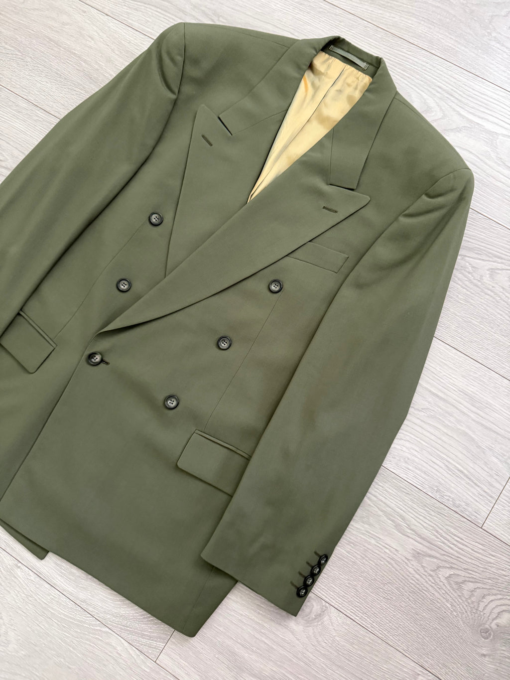 Vintage 1980s Double Breasted Peaked Lapel Pleated Green Suit & Tie - Size XL Jacket / 34" Waist
