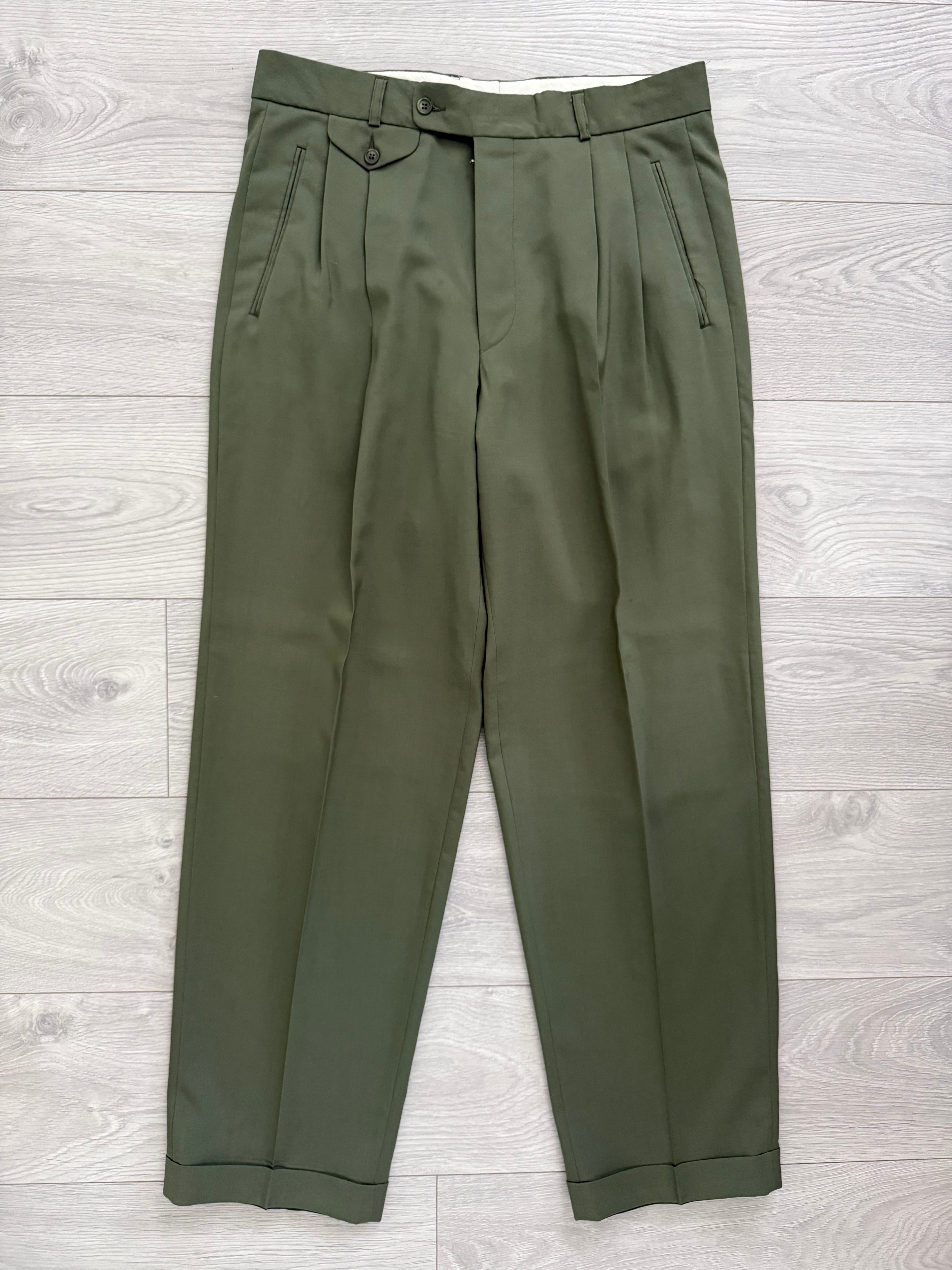 Vintage 1980s Double Breasted Peaked Lapel Pleated Green Suit & Tie - Size XL Jacket / 34" Waist