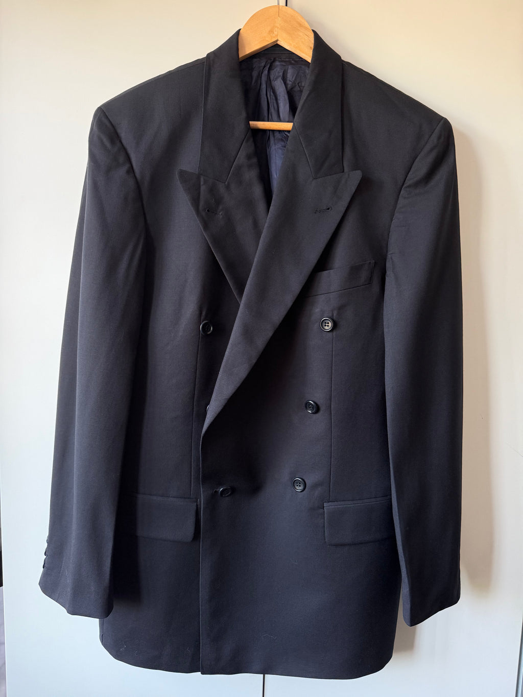Hugo Boss 1980s 'Al Capone' Navy Peaked Lapel Double Breasted Wool Sports Jacket Blazer - Size L