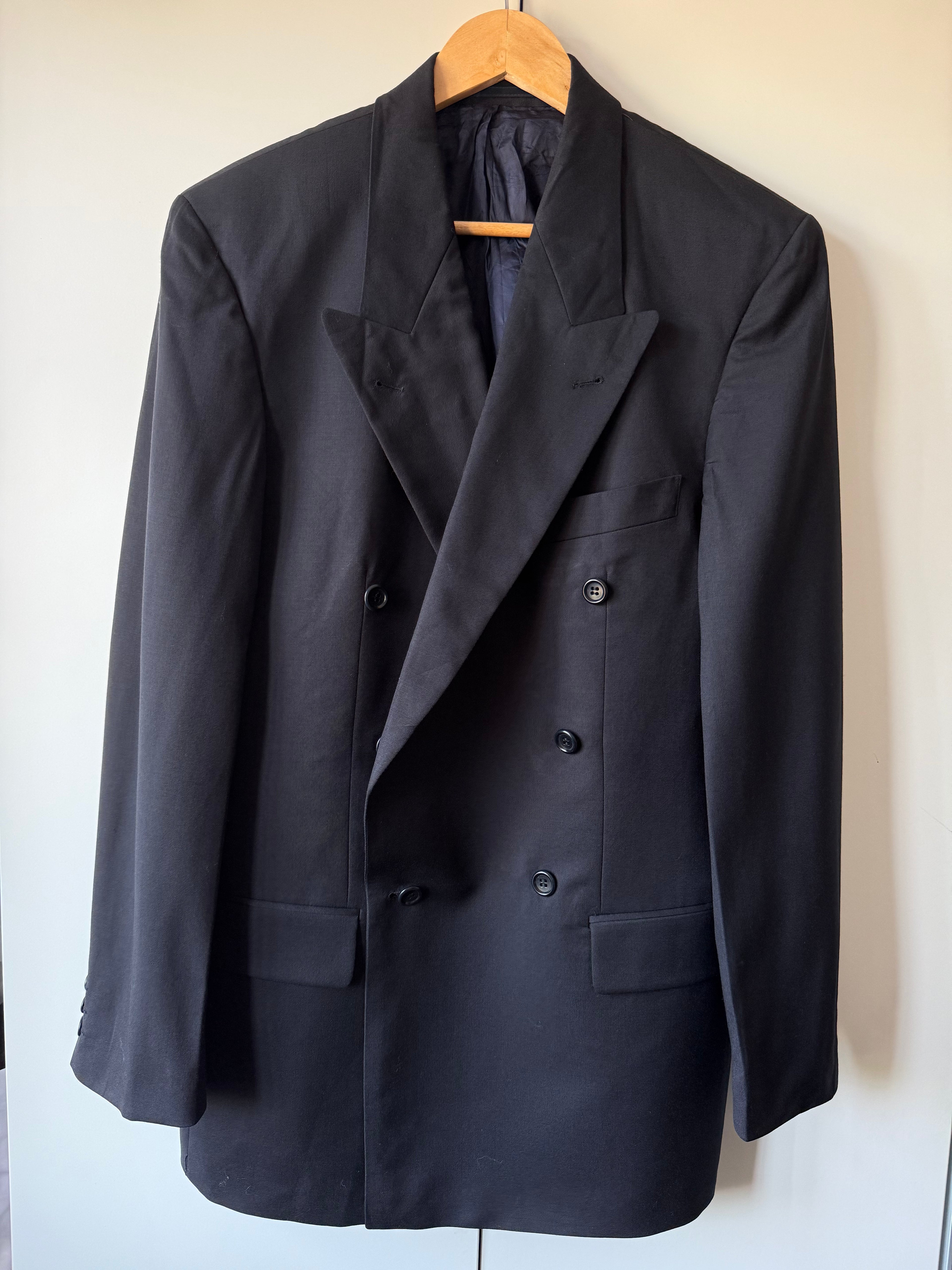 Hugo Boss 1980s 'Al Capone' Navy Peaked Lapel Double Breasted Wool Sports Jacket Blazer - Size L