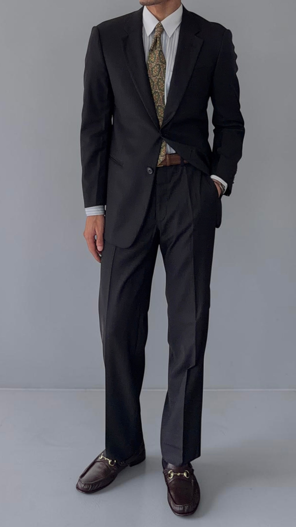 Armani 1990s Wool 2B Black Woven Suit - Size M Jacket / 32" Waist