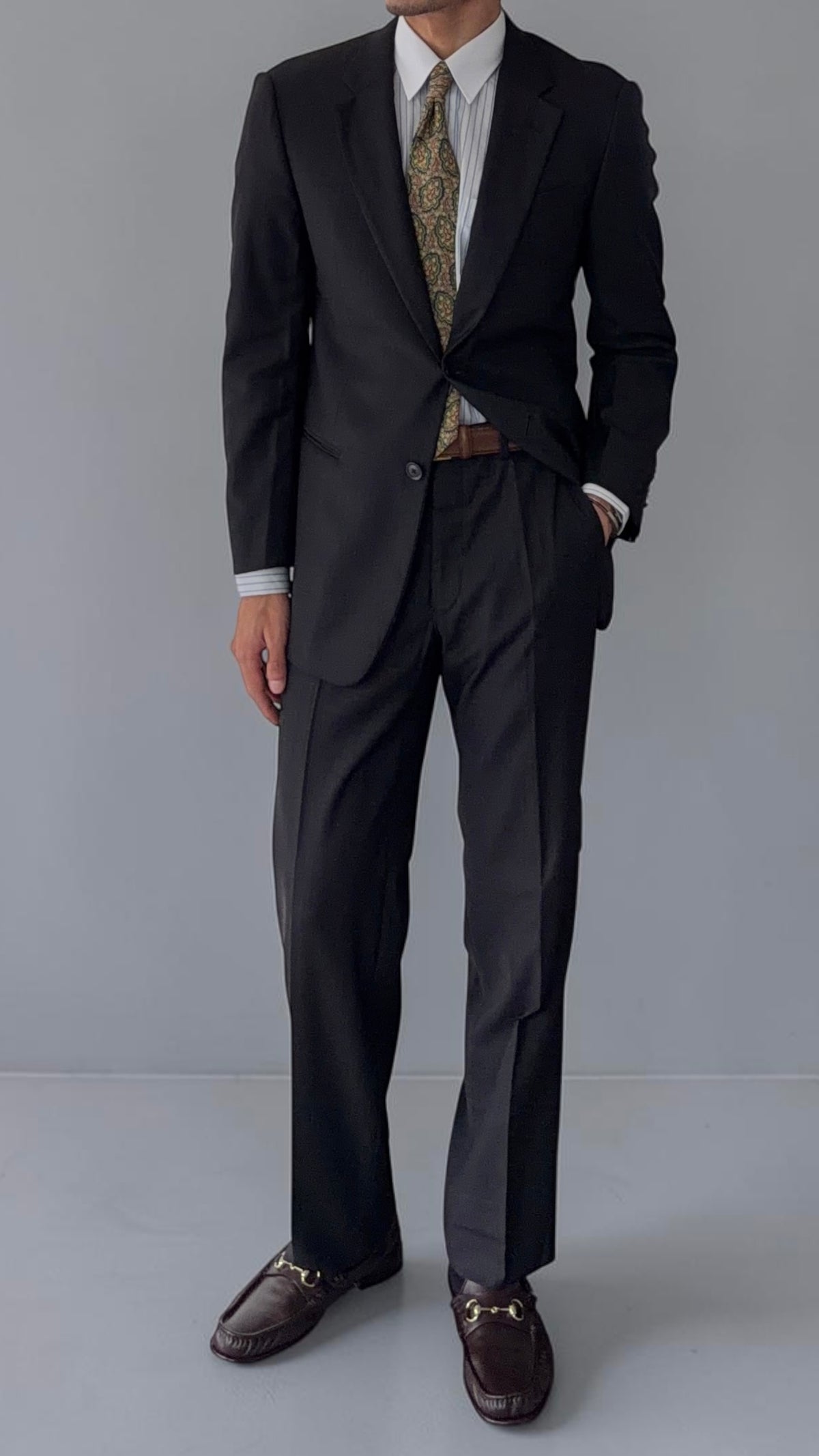 Armani 1990s Wool 2B Black Woven Suit - Size M Jacket / 32" Waist