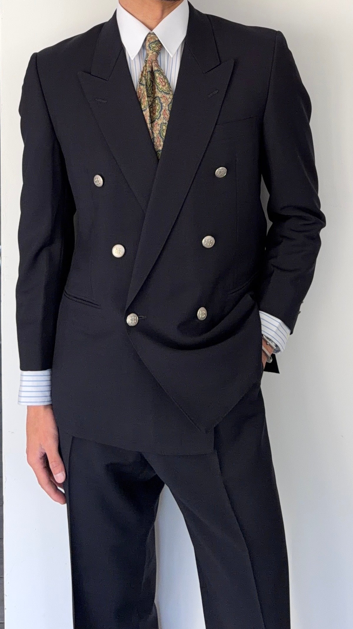 Givenchy 1990s Peaked Lapel Double Breasted Metal Button Wool Suit Navy - S Jacket / 33" Waist