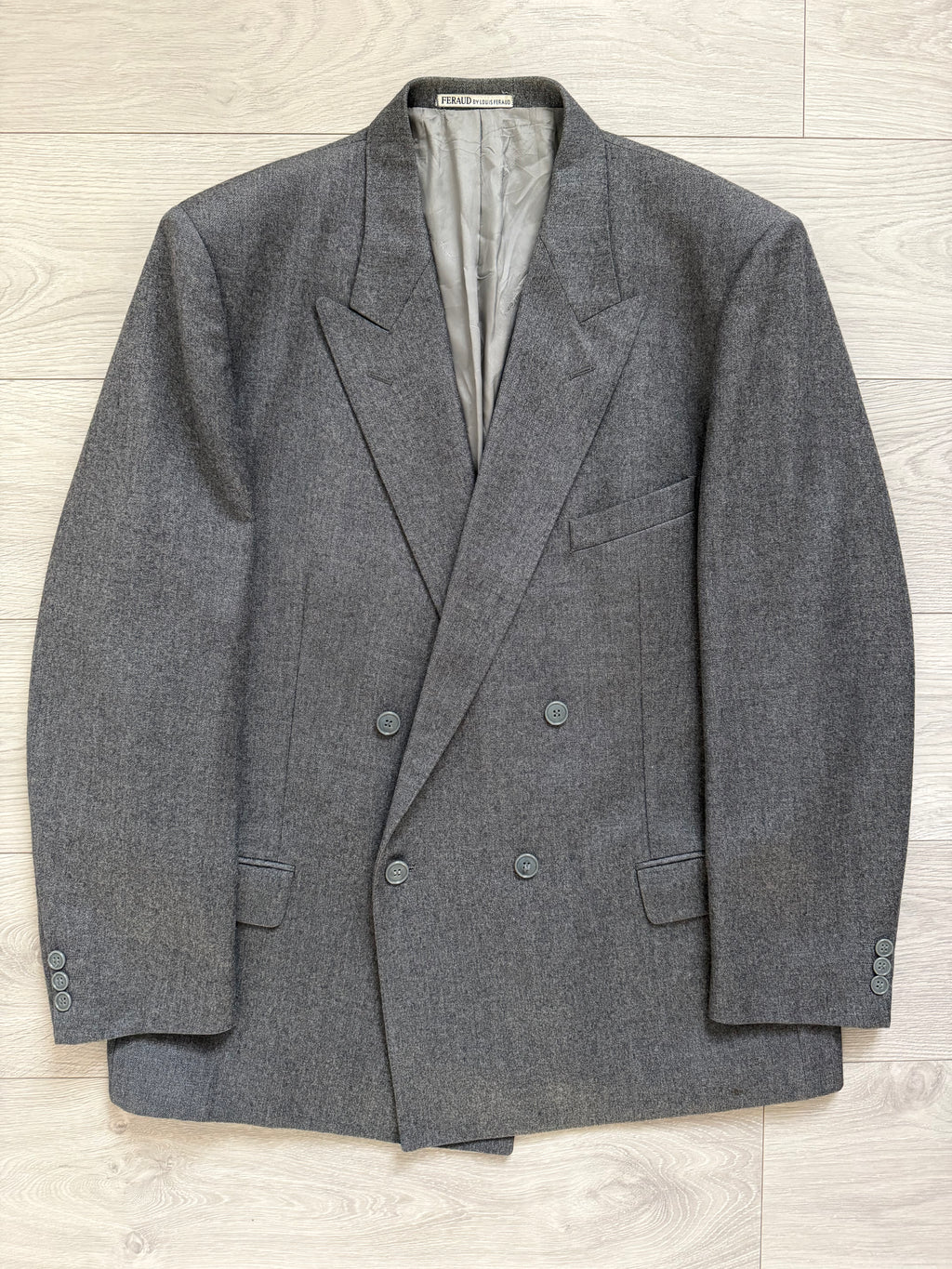 Louis Feraud Armani 1980s Peaked Lapel Double Breasted Wool Grey Sport Jacket Blazer - Size XL