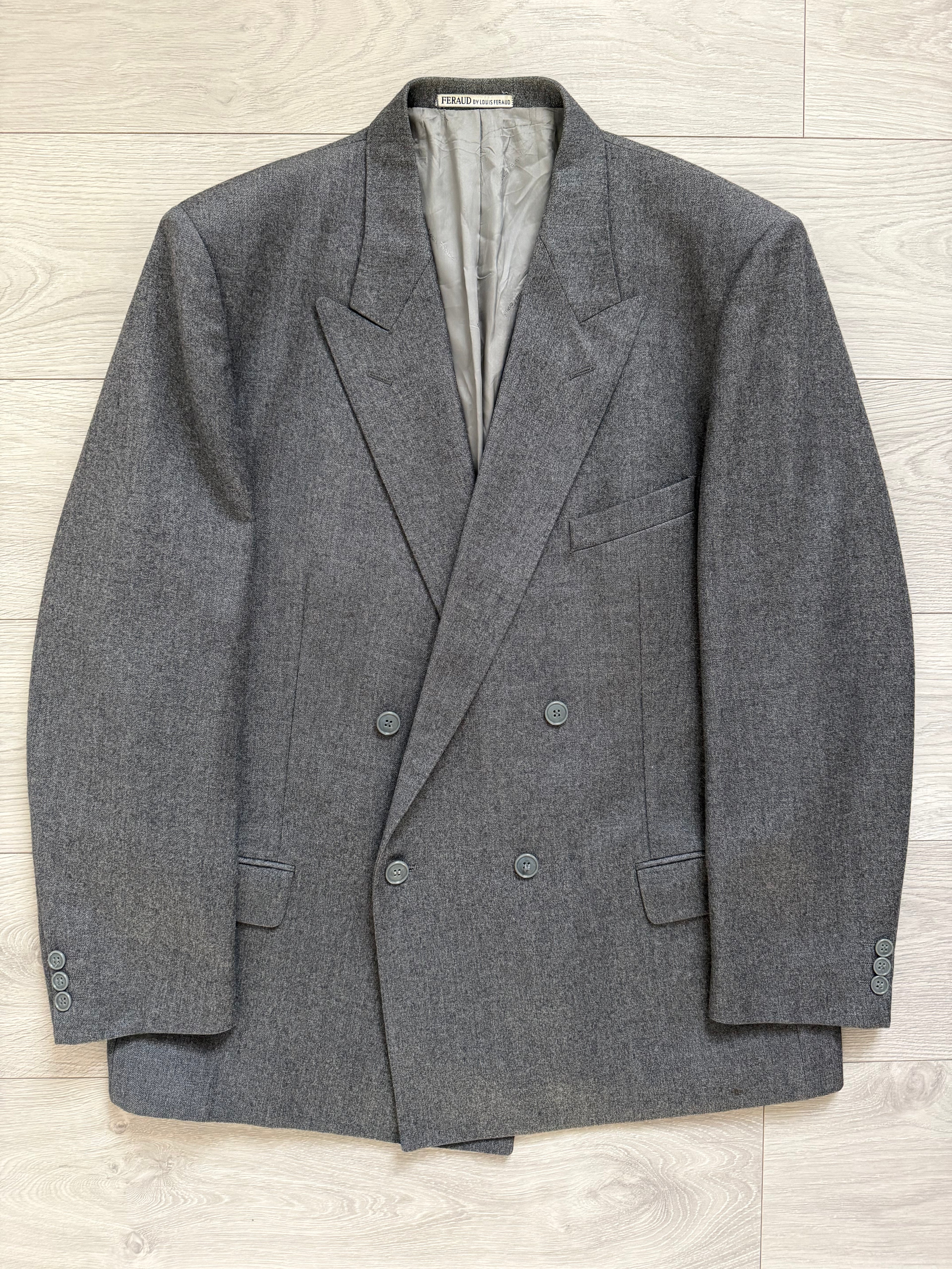 Louis Feraud Armani 1980s Peaked Lapel Double Breasted Wool Grey Sport Jacket Blazer - Size XL