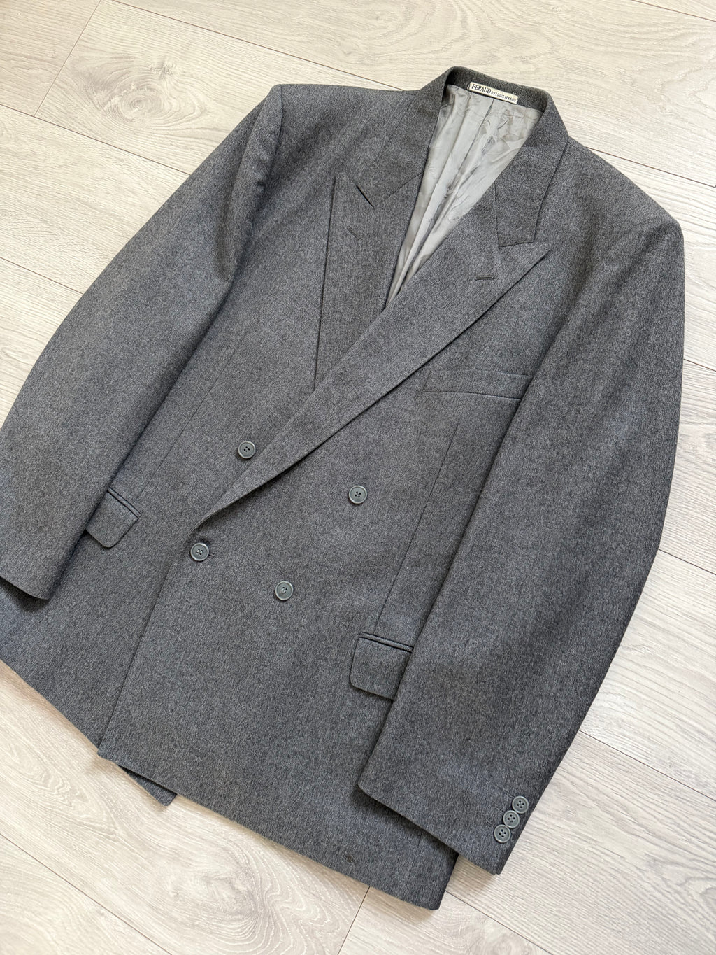 Louis Feraud Armani 1980s Peaked Lapel Double Breasted Wool Grey Sport Jacket Blazer - Size XL
