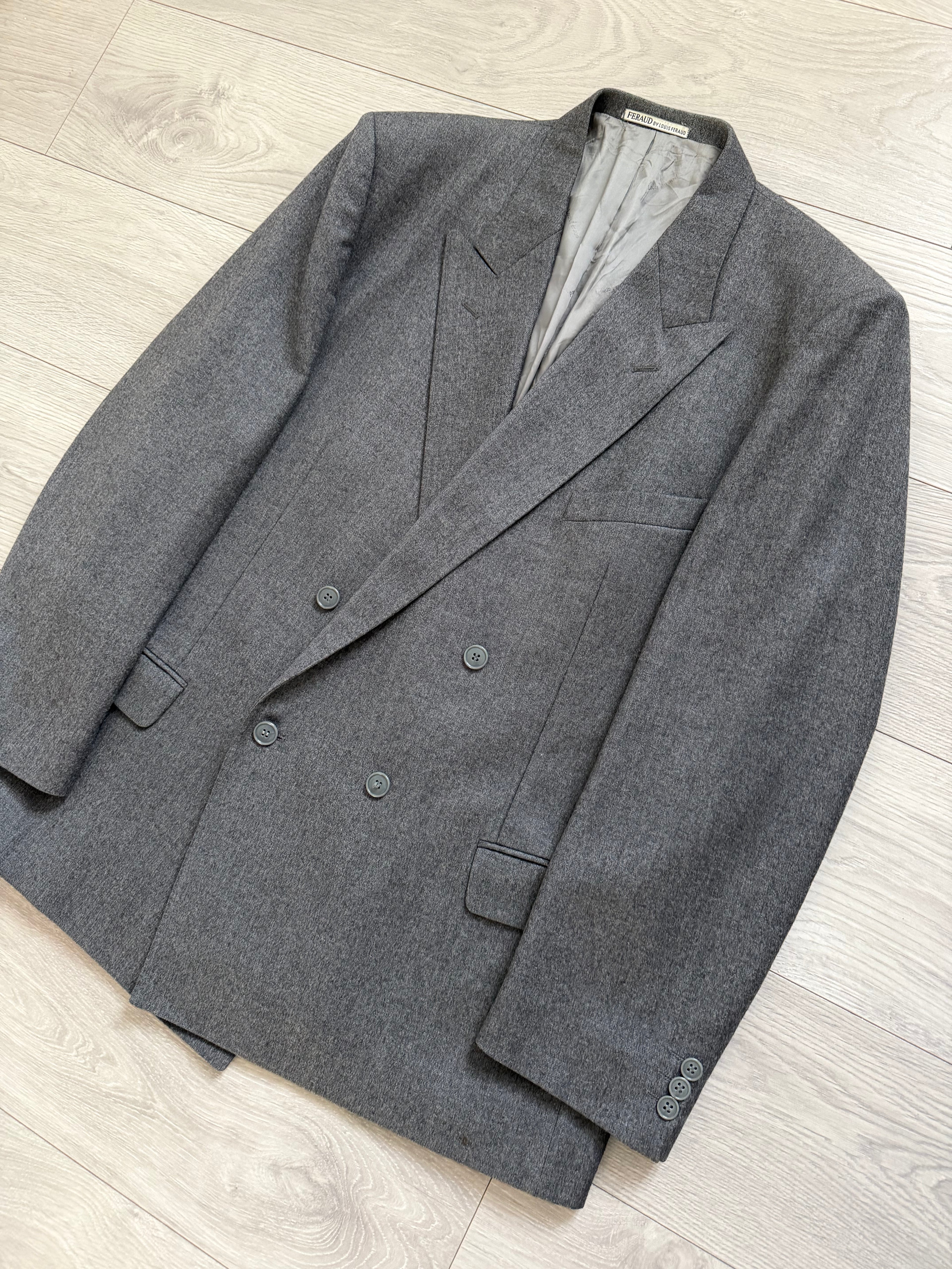 Louis Feraud Armani 1980s Peaked Lapel Double Breasted Wool Grey Sport Jacket Blazer - Size XL