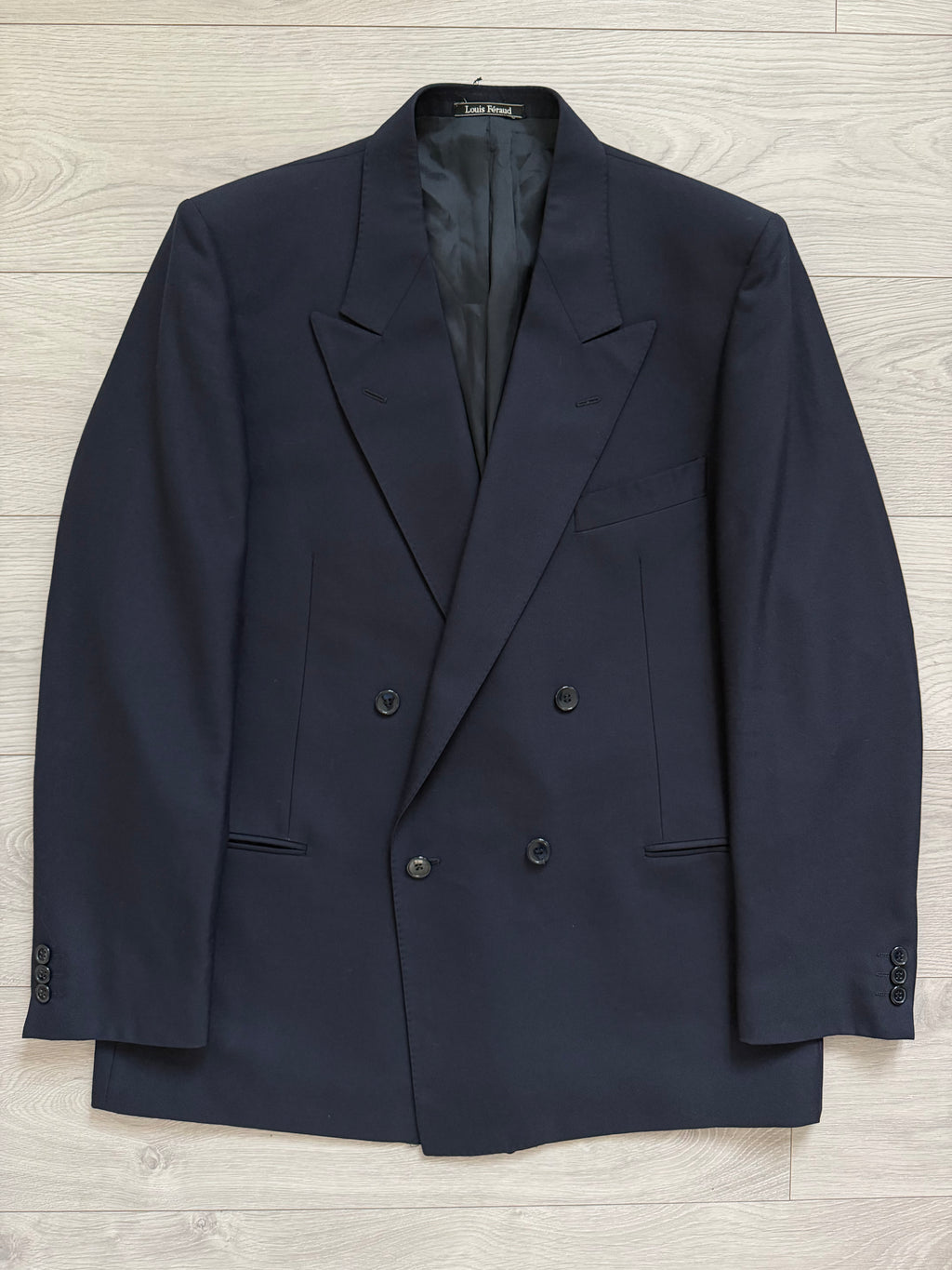 Louis Feraud Armani 1980s Peaked Lapel Double Breasted Wool Navy Sport Jacket Blazer - Size L