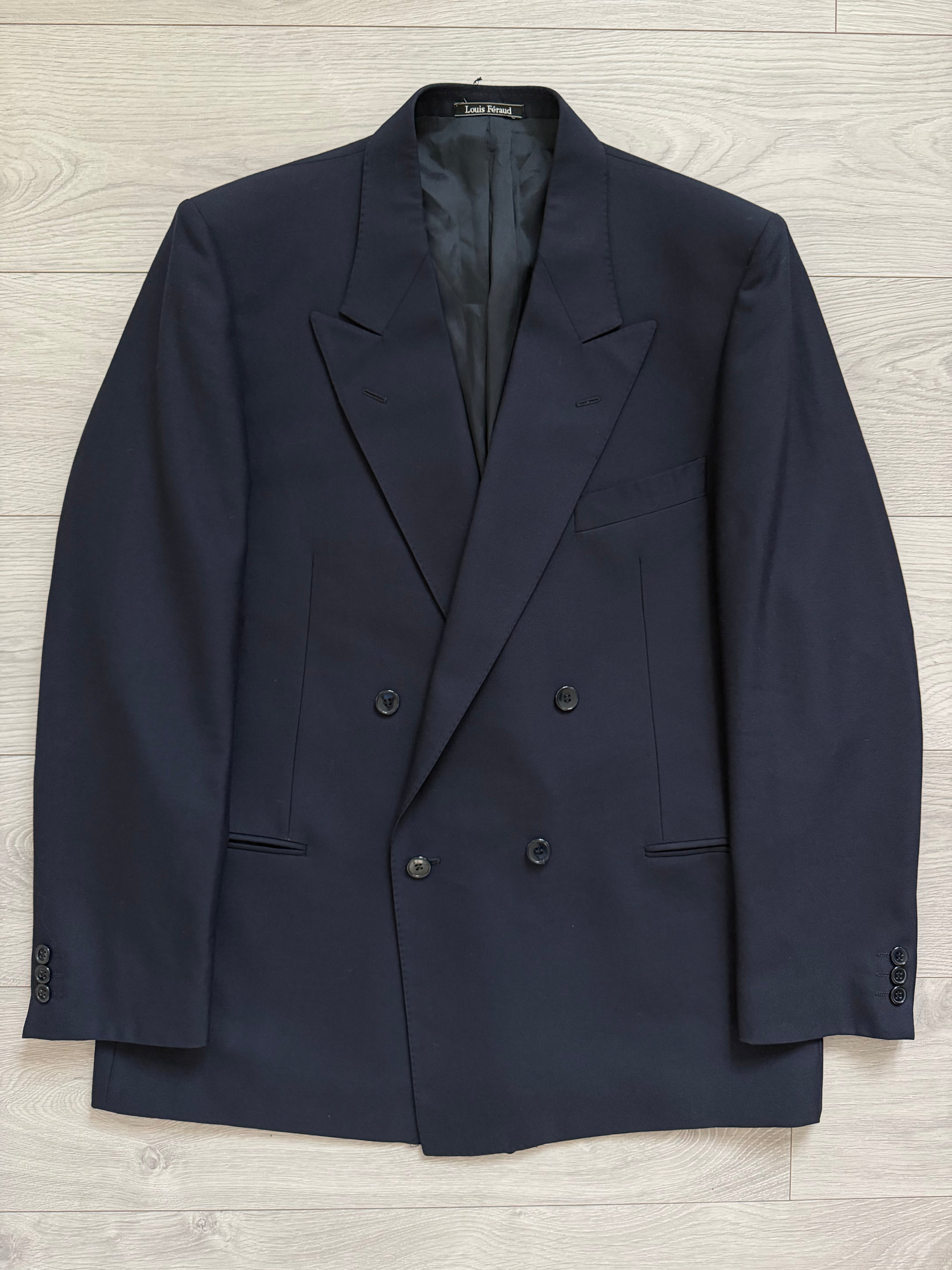 Louis Feraud Armani 1980s Peaked Lapel Double Breasted Wool Navy Sport Jacket Blazer - Size L
