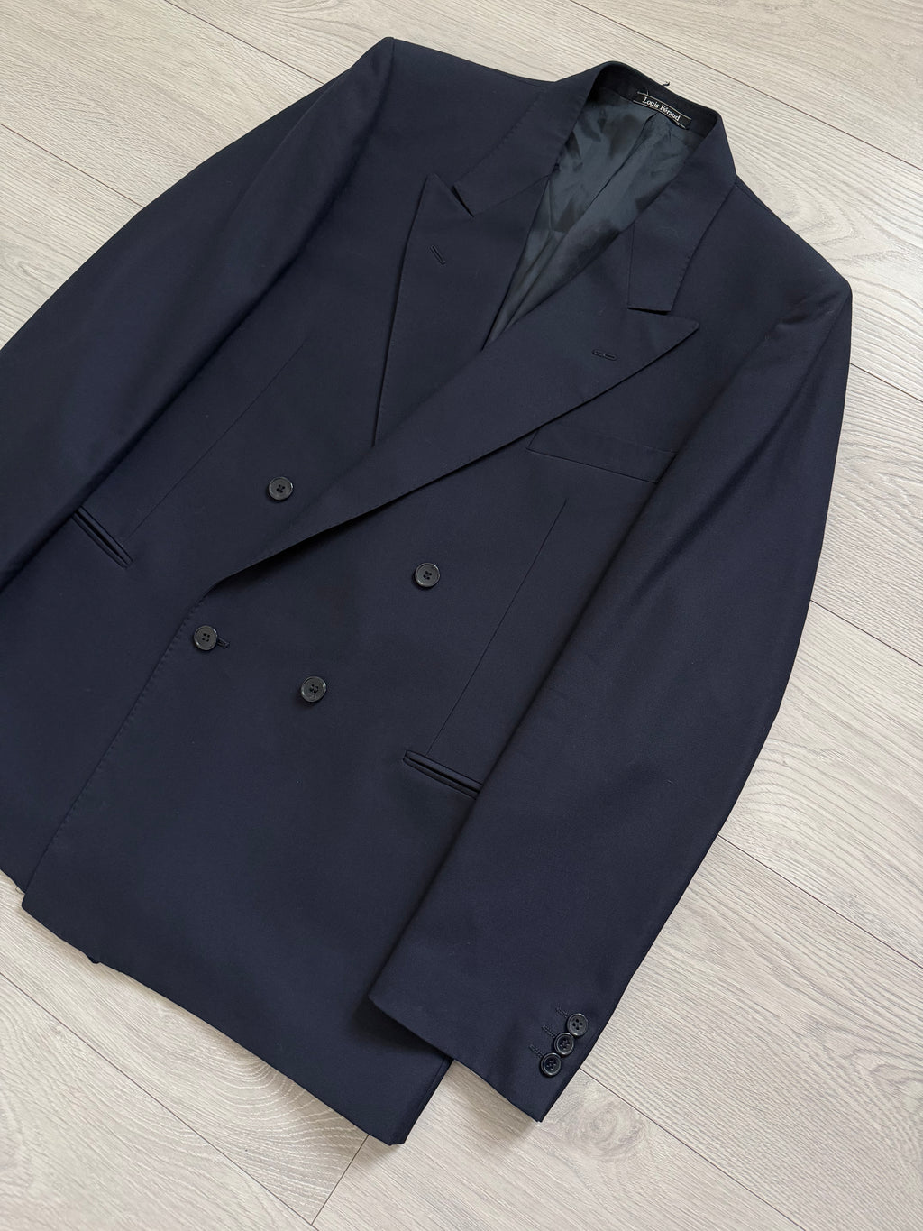Louis Feraud Armani 1980s Peaked Lapel Double Breasted Wool Navy Sport Jacket Blazer - Size L