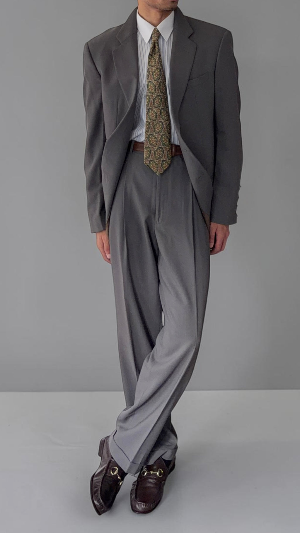Armani 1990s Wool 2B Taupe Green Wool Pleated Suit - Size L Jacket / 34" Waist
