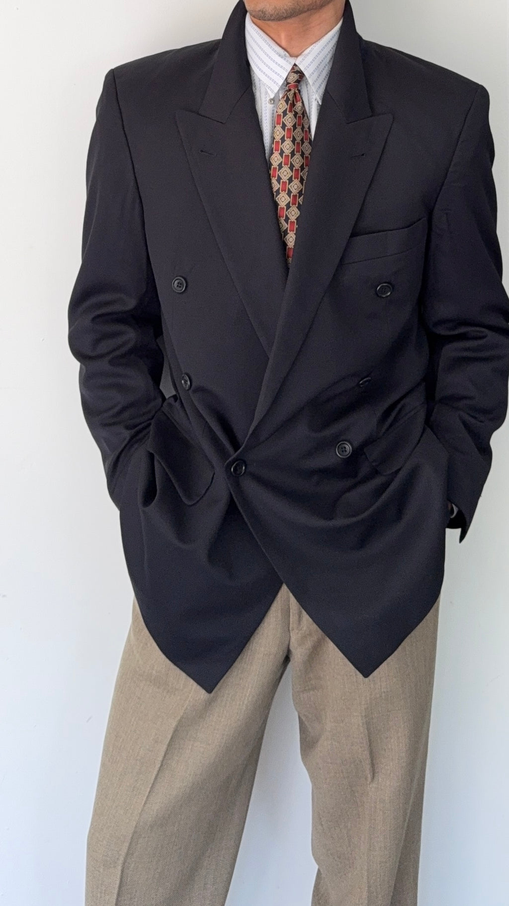 Hugo Boss 1980s 'Al Capone' Navy Peaked Lapel Double Breasted Wool Sports Jacket Blazer - Size L