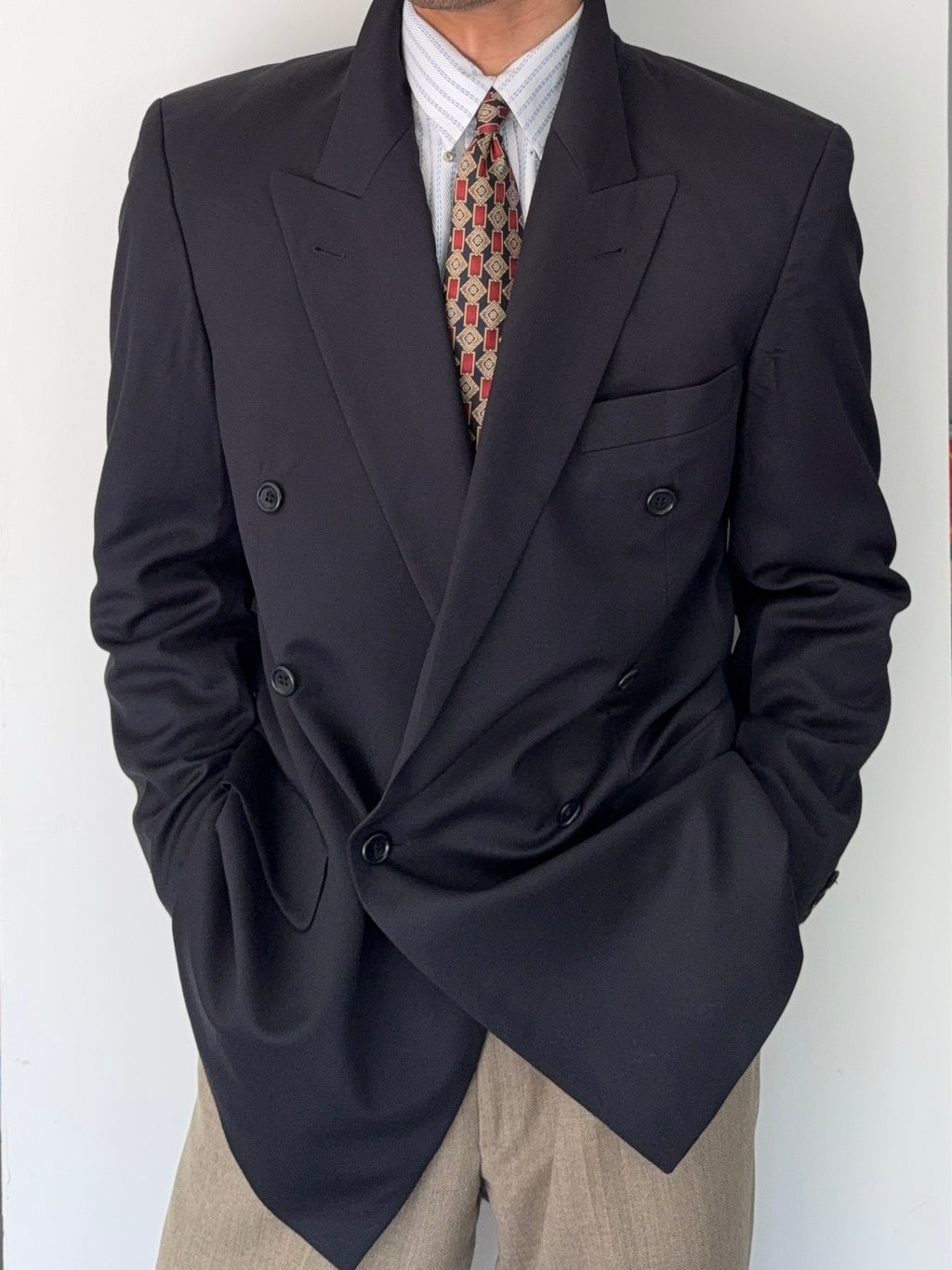 Hugo Boss 1980s 'Al Capone' Navy Peaked Lapel Double Breasted Wool Sports Jacket Blazer - Size L