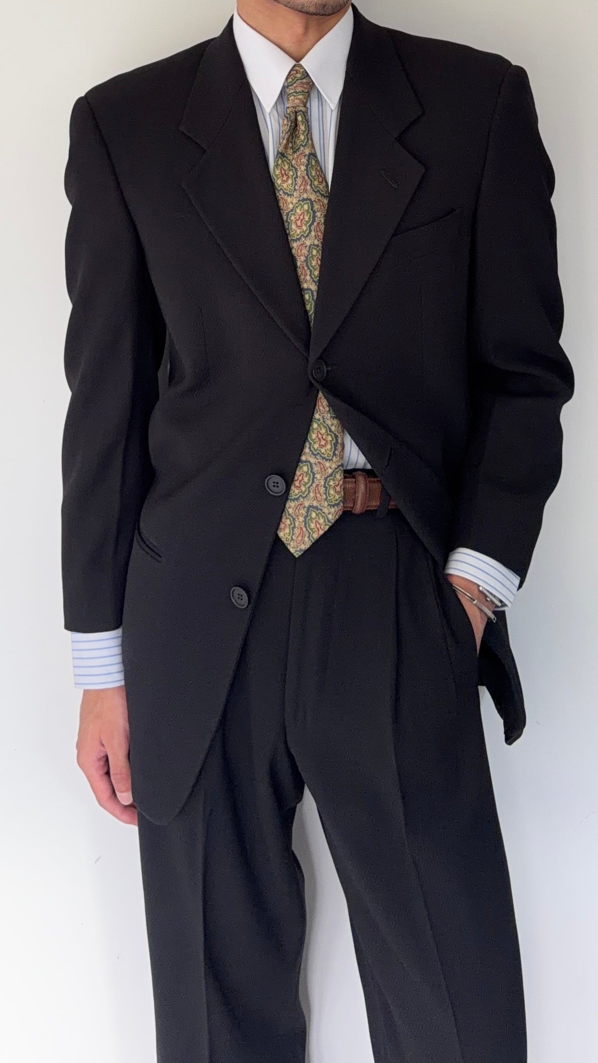 Giorgio Armani 1980s 3B Black Twill Wool Pleated Suit - Size S Jacket / 32" Waist