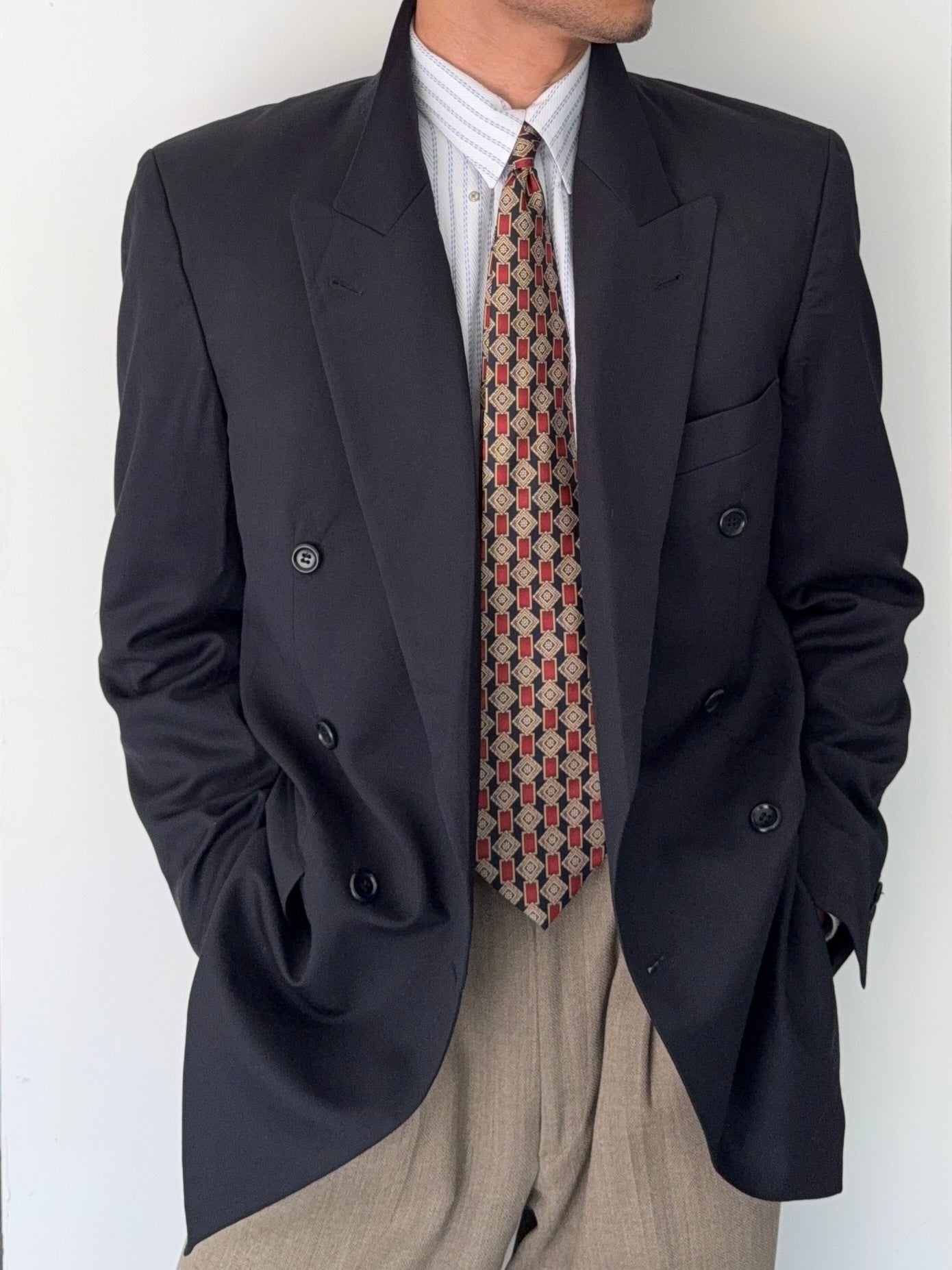 Hugo Boss 1980s 'Al Capone' Navy Peaked Lapel Double Breasted Wool Sports Jacket Blazer - Size L