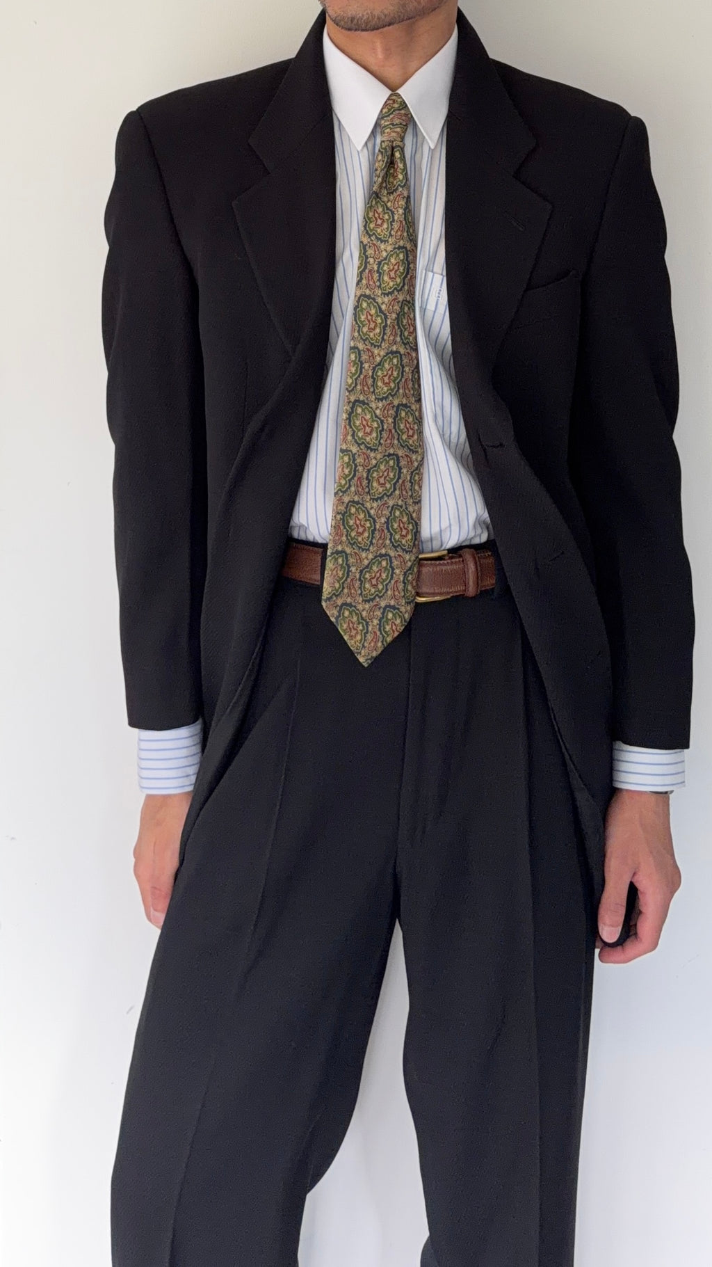 Giorgio Armani 1980s 3B Black Twill Wool Pleated Suit - Size S Jacket / 32" Waist