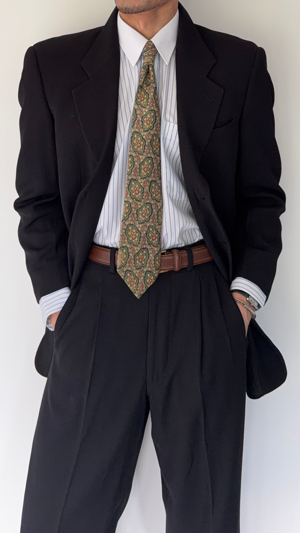 Giorgio Armani 1980s 3B Black Twill Wool Pleated Suit - Size S Jacket / 32" Waist