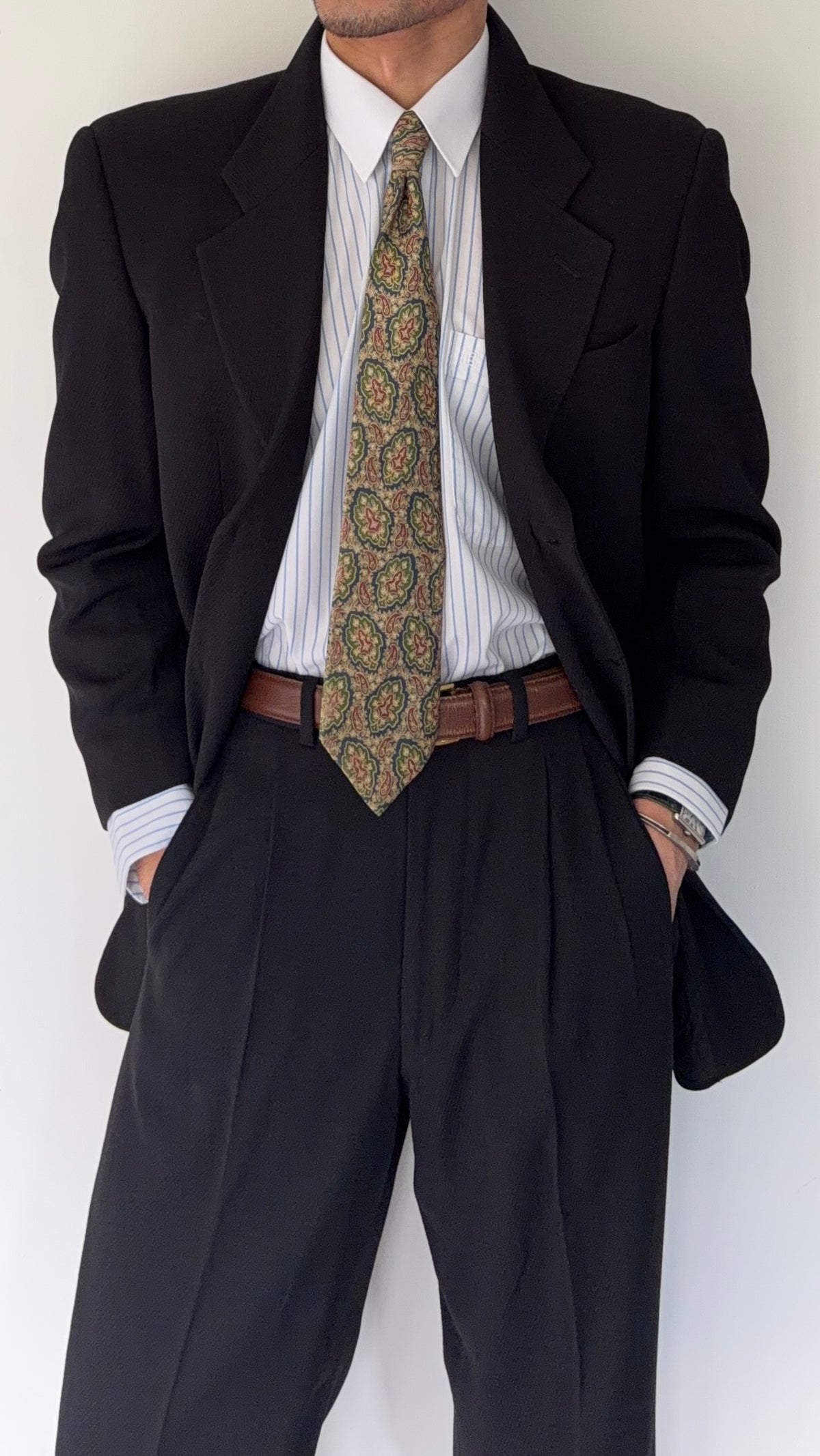 Giorgio Armani 1980s 3B Black Twill Wool Pleated Suit - Size S Jacket / 32" Waist