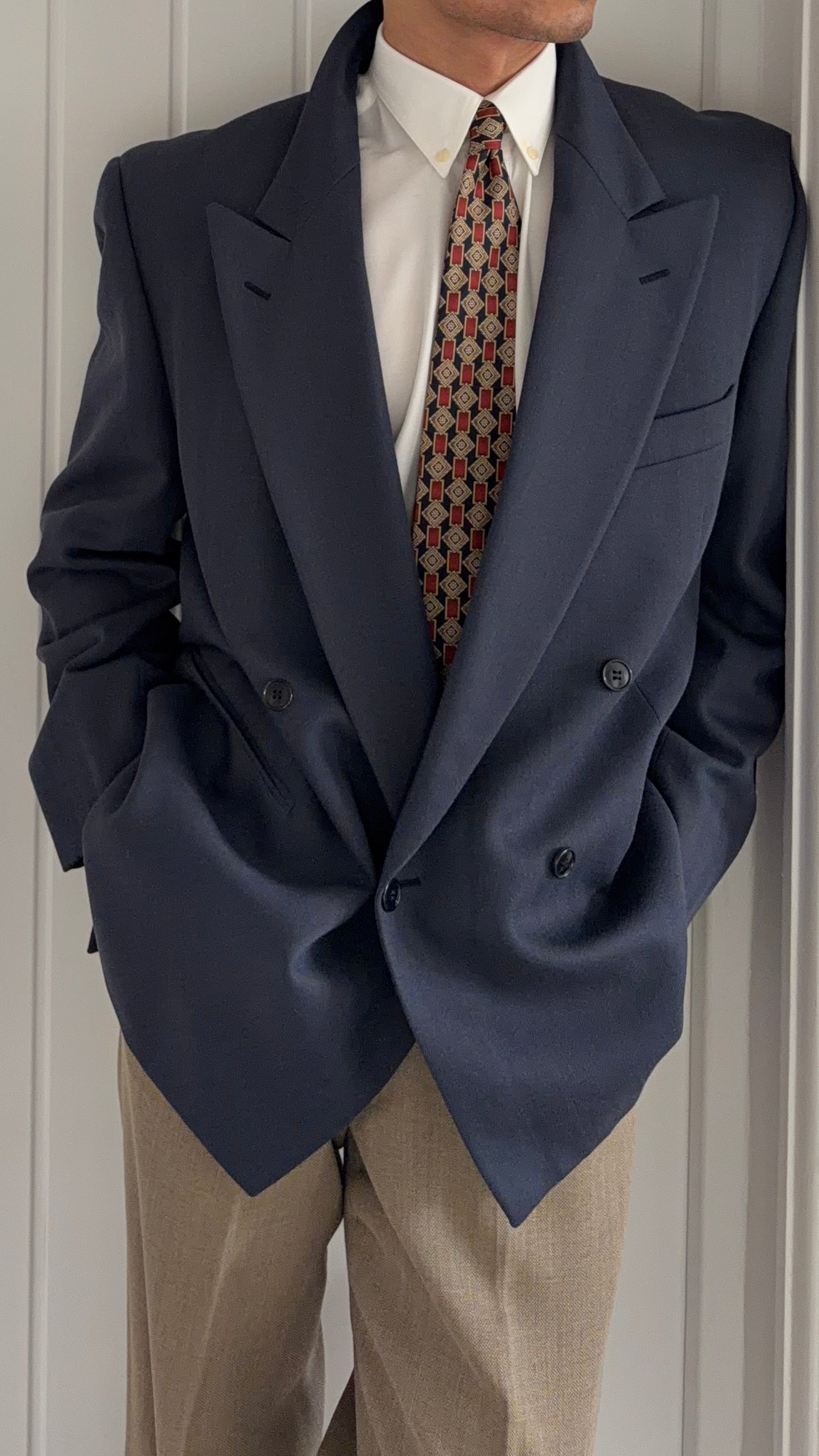 Louis Feraud Armani 1980s Peaked Lapel Double Breasted Wool Sport Jacket Blazer - Size XXL
