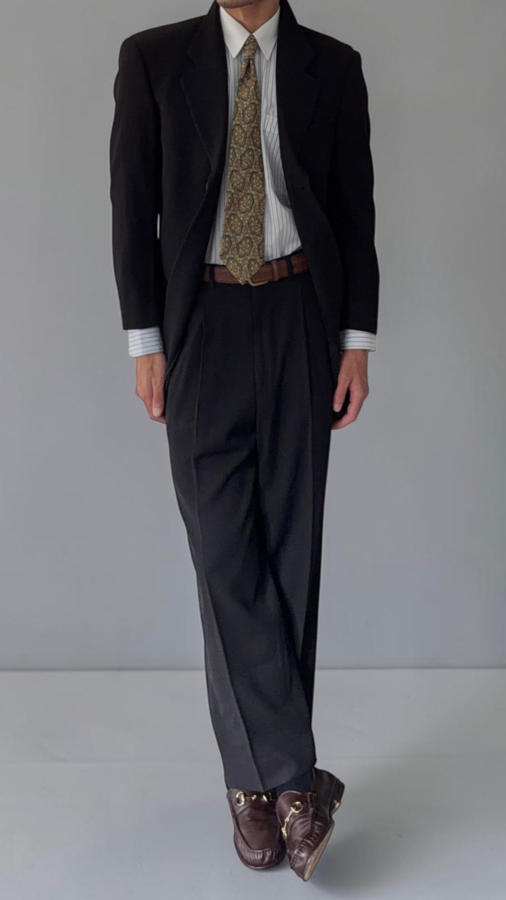 Giorgio Armani 1980s 3B Black Twill Wool Pleated Suit - Size S Jacket / 32" Waist