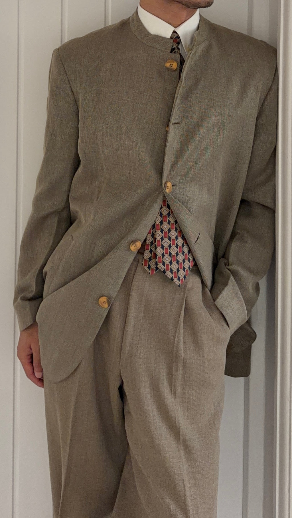 Giorgio Armani 1980s Nehru Collar Jacket Taupe Olive Brown - Size L