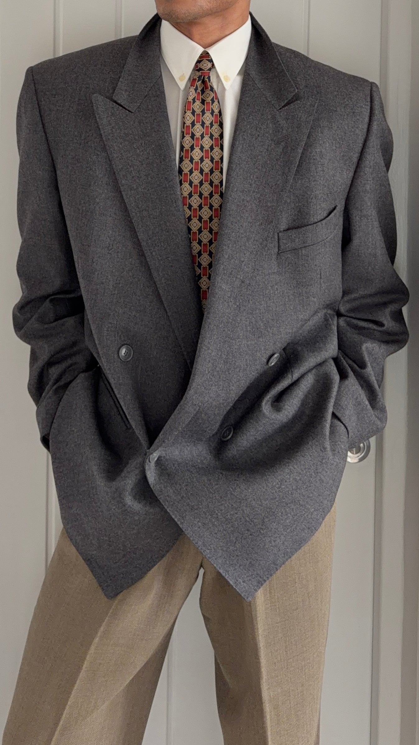 Louis Feraud Armani 1980s Peaked Lapel Double Breasted Wool Grey Sport Jacket Blazer - Size XL